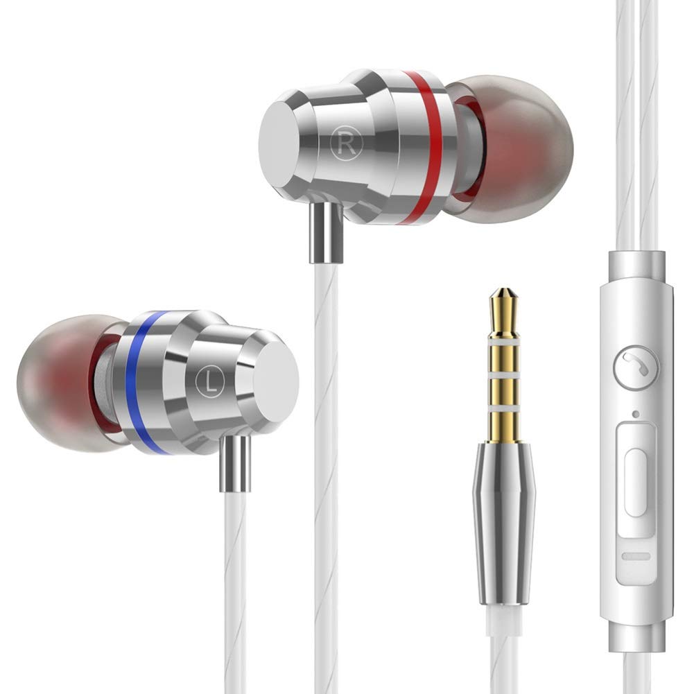 **MOHALIKO M5 Wired Earbuds with Microphone - 3.5mm Stereo In-Ear Headphones, Deep Bass, Metal Build, Inline Controls - Compatible with iPhone, Android, Smartphones (Silver White) - Perfect for Gym, Commuting & Music Lovers**