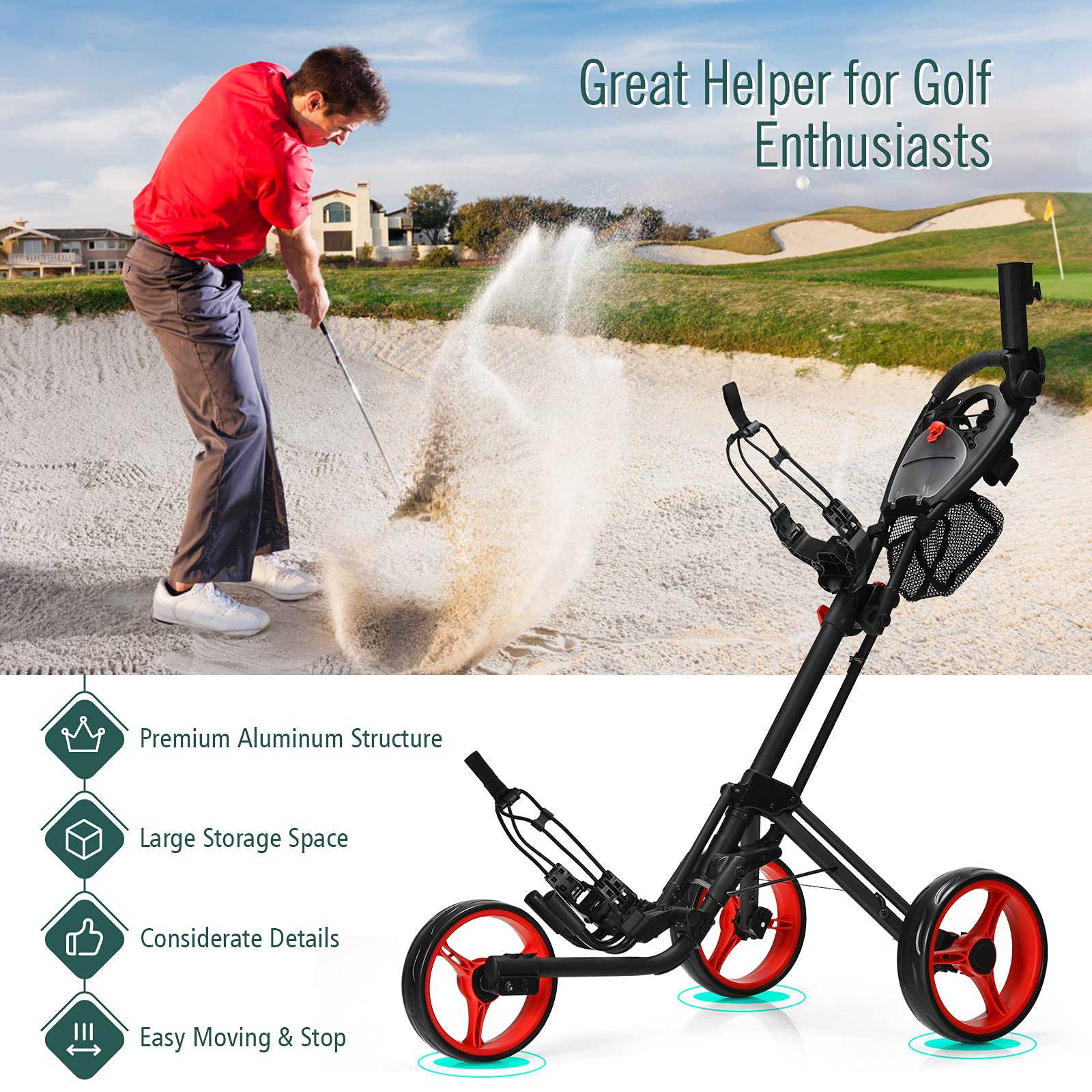 **Tangkula Lightweight Aluminum 3-Wheel Golf Push Pull Cart - Foldable Golf Trolley with Storage Bag, Beverage Holder & Foot Brake - Adjustable Umbrella Holder & 4 Height Positions - Perfect for Golf Courses & Outdoor Sports**