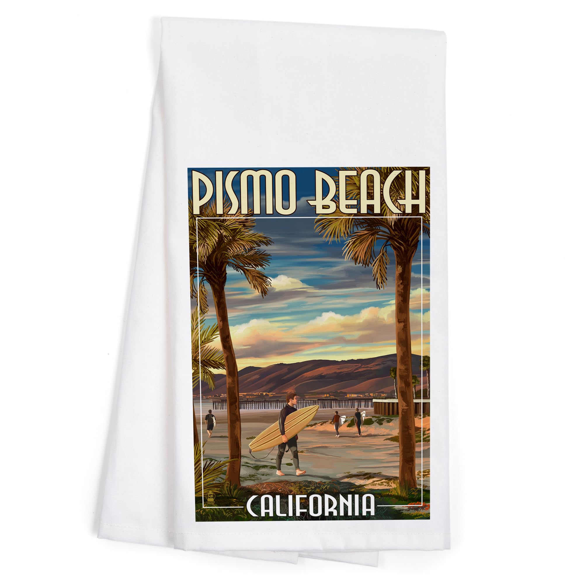 Lantern Press Pismo Beach California Surfer and Pier 100% Cotton Tea Towel - Decorative Hand Towel for Kitchen, Home Decor & Coastal Themed Gifts - Perfect for Beach Houses, Coastal Kitchens and Surf Enthusiasts