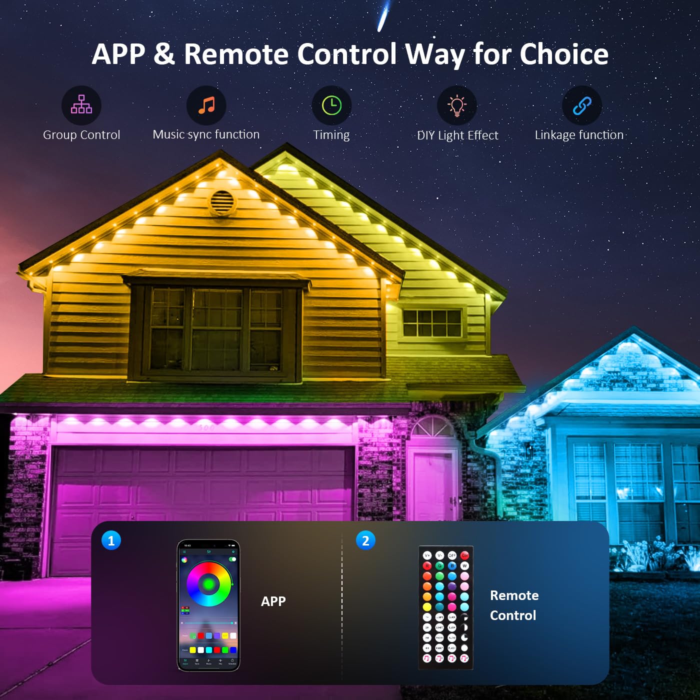 300FT Permanent Outdoor RGB LED String Lights - APP & Remote Control, IP67 Waterproof Christmas Halloween Party Lights for Indoor/Outdoor Decor (2x150FT) - Perfect for House Facade, Garden, Patio, and Holiday Lighting