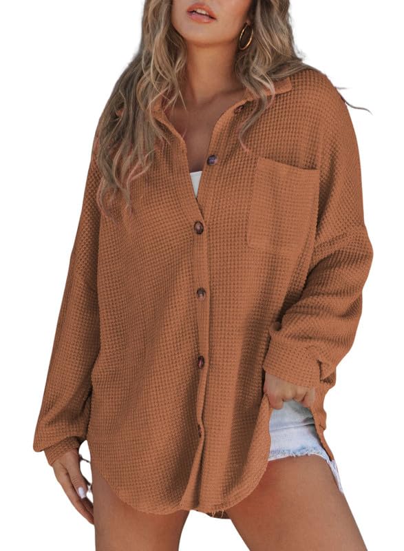 SHEWIN Women's Waffle Knit Button Down Shirt - Casual Long Sleeve Shacket Jacket, Boyfriend Style Loose Fit Blouse for Everyday Wear, Office & Date Nights