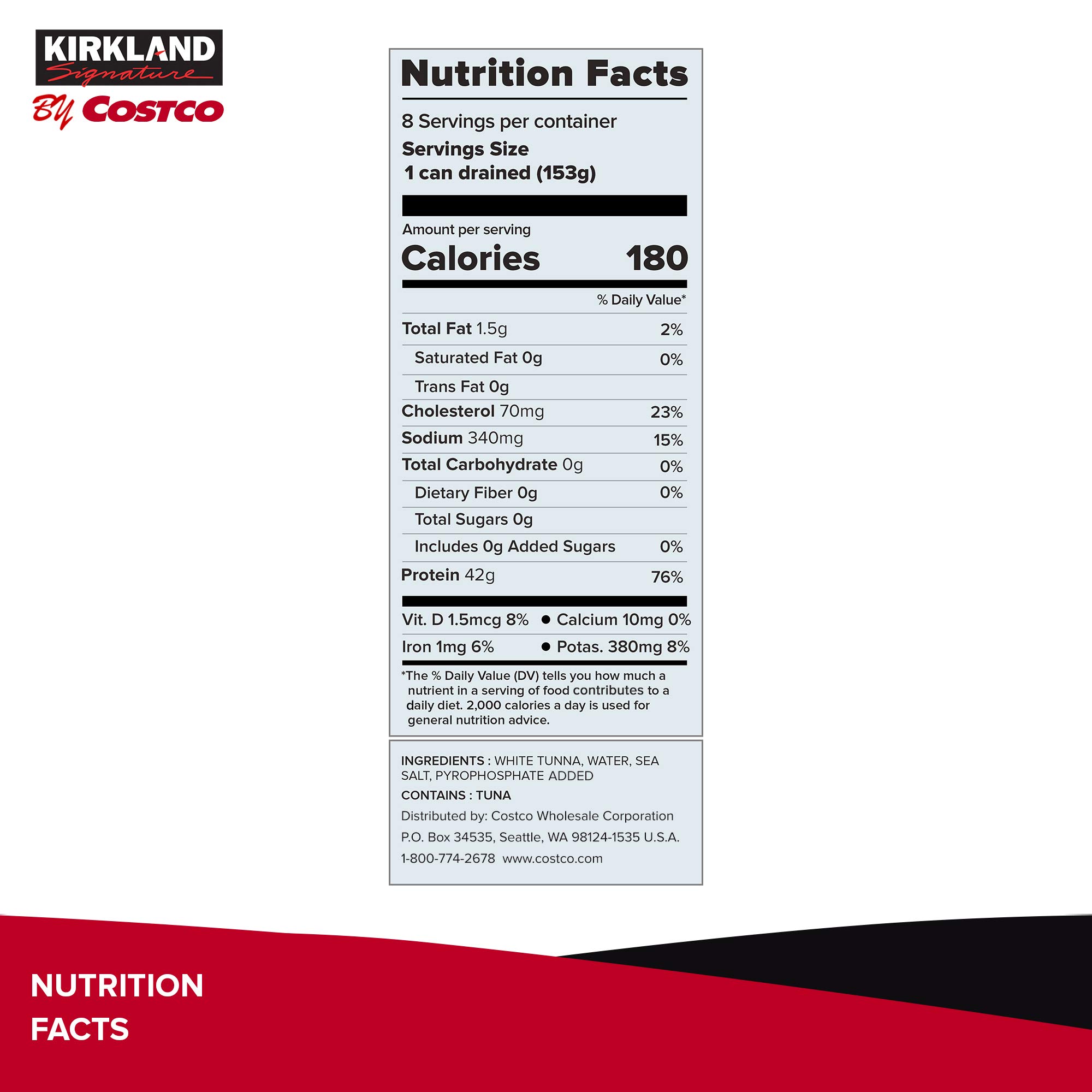Kirkland Signature Solid White Albacore Tuna in Water - 7 Oz Cans, Pack of 8 | Premium Wild-Caught Tuna for Salads, Sandwiches & Healthy Meal Prep