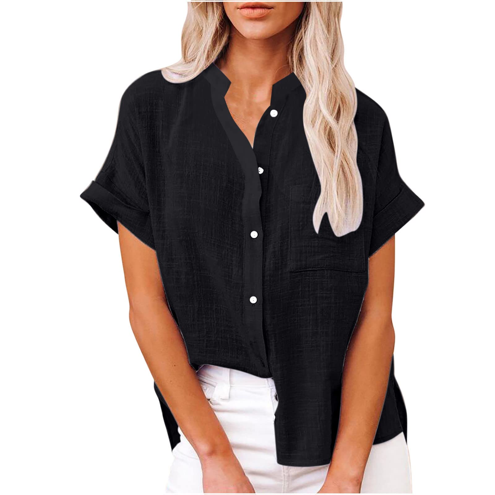 Women's Linen Button Down Shirts - Short Sleeve V-Neck Collared Blouse for Office & Business Casual Wear | Slim Fit Summer Work Tops | Perfect for Professional Meetings & Weekend Outings