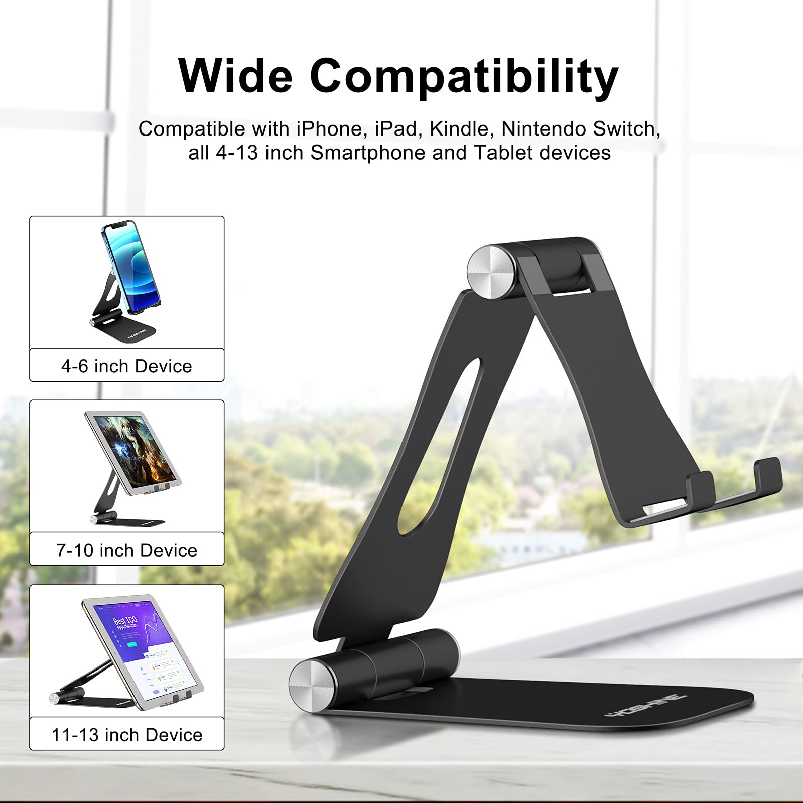 Upgraded Aluminum Phone Stand for Desk - Adjustable & Foldable Tablet Holder for iPhone, iPad, Smartphones 4-13 Inch - Portable Cradle Dock for Office, Home, Bedside, Travel (Black)