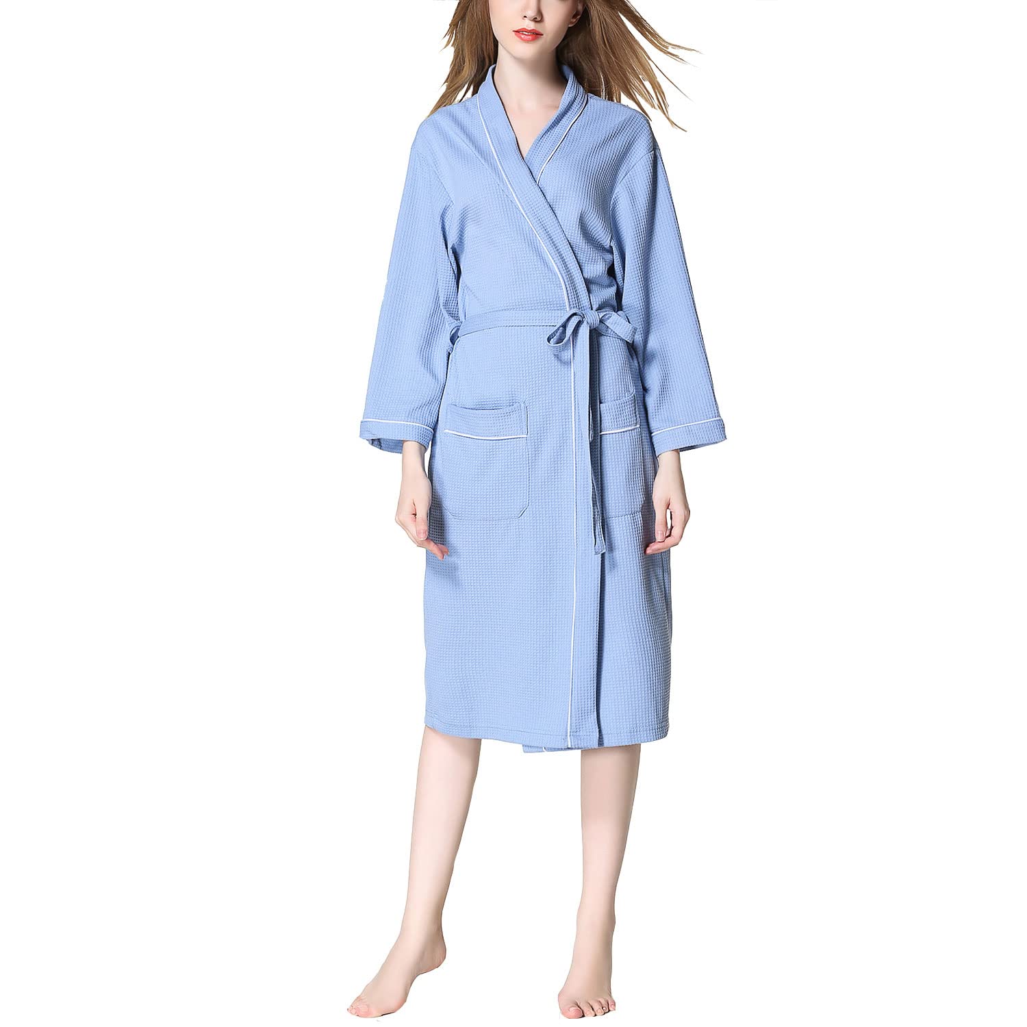 Lu's Chic Women's Waffle Robe - Lightweight Mid-Length Bathrobe with Belt, Soft Wave Texture for Spa, Sleepwear & Lounge Wear - Perfect for Relaxing at Home, After Shower or Vacation Getaway