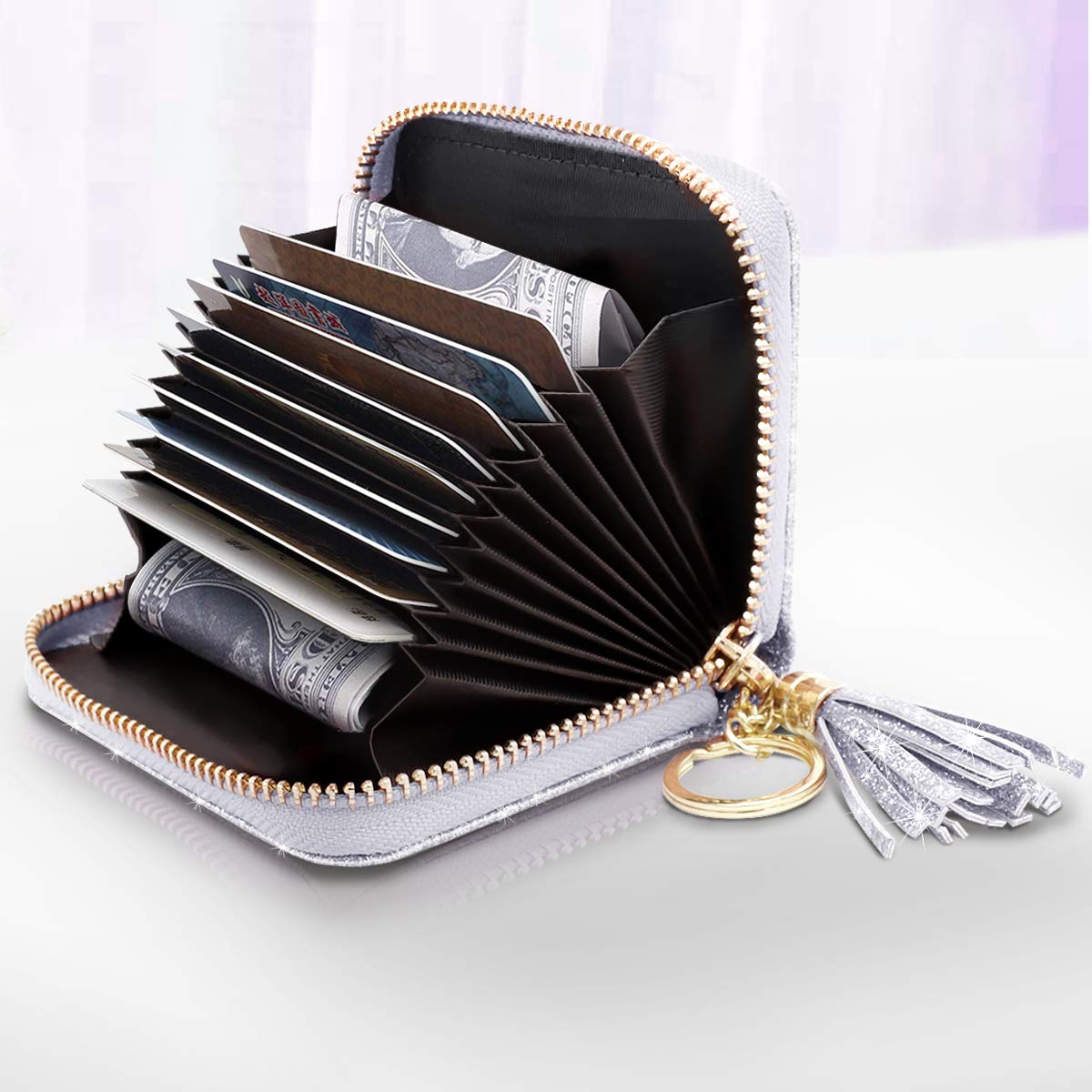 RFID Blocking Glitter Credit Card Holder for Women - Small Slim Wallet with Card Slots - Perfect for Travel, Shopping & Everyday Use