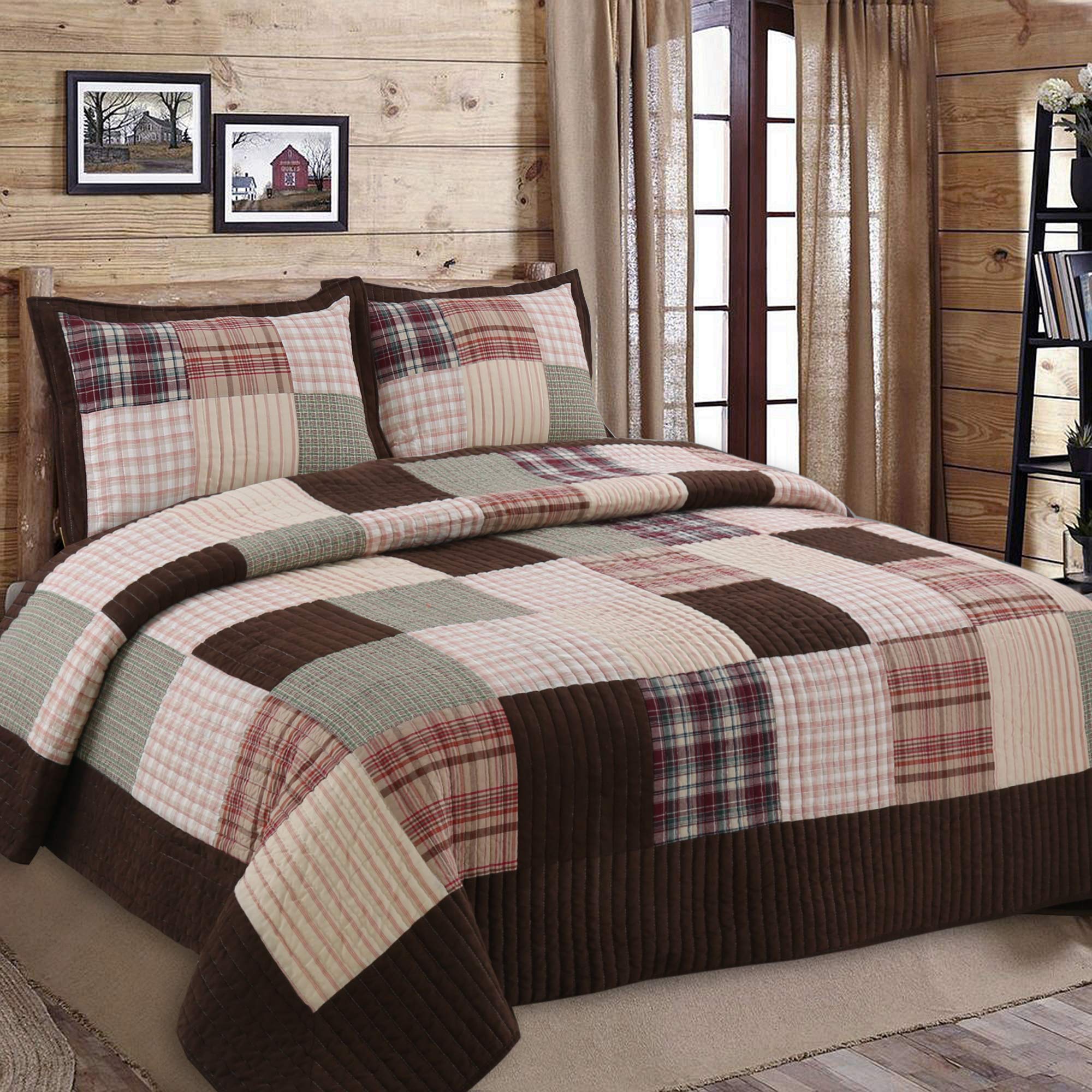 Brody Farmhouse Chocolate Plaid Reversible Quilt Set - 3 Piece King Size Brown Grid Bedspread | Cozy Patchwork Coverlet for Farmhouse & Rustic Bedroom Decor | Perfect for Master Bedrooms, Guest Rooms & Cozy Winter Nights