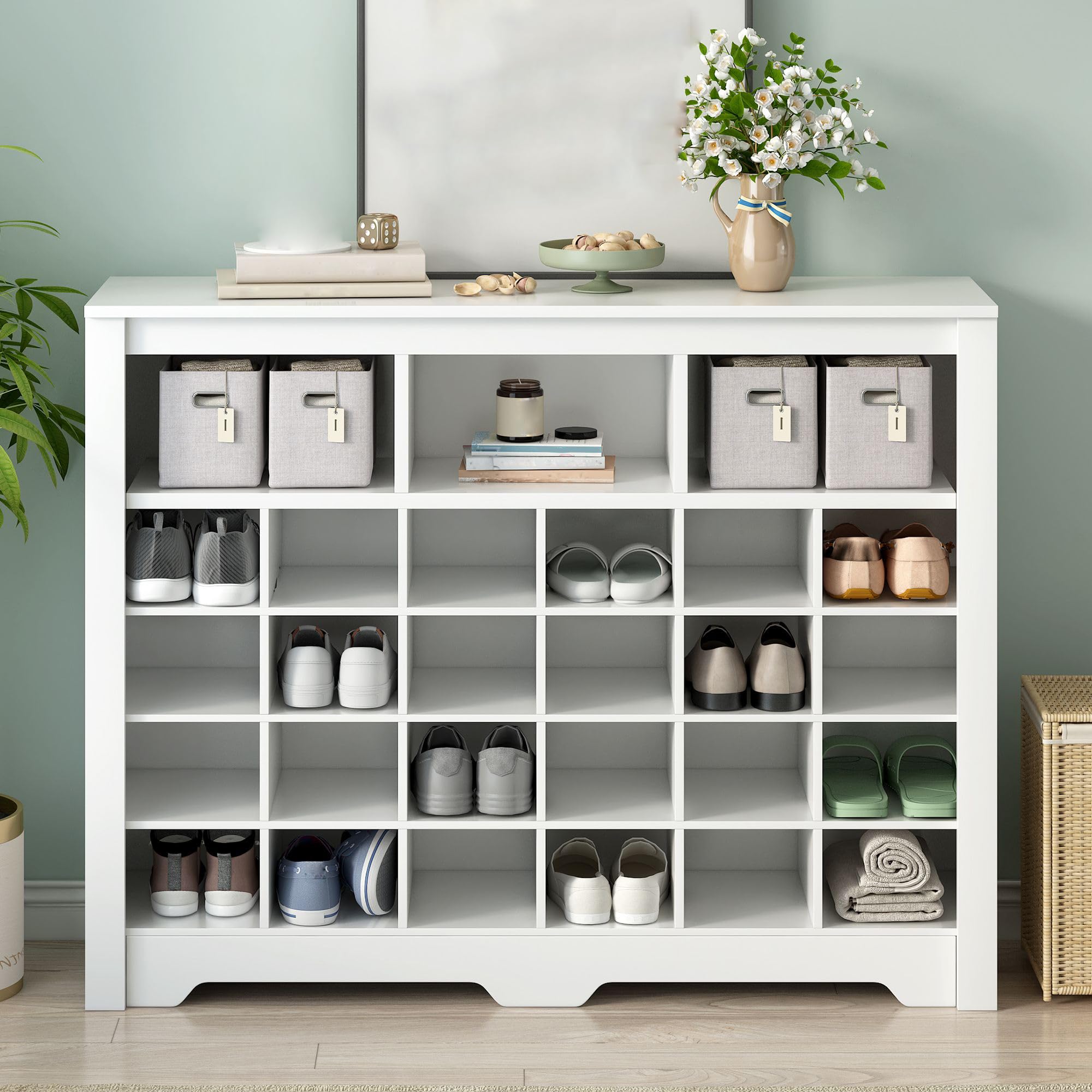 CuisinSmart Modern 24-Shoe Storage Cabinet - 5-Tier Freestanding Wooden Shoe Rack Organizer with Curved Base - Entryway, Hallway, Bedroom & Living Room Furniture - Perfect for Small Space Organization & Home Decor (White)
