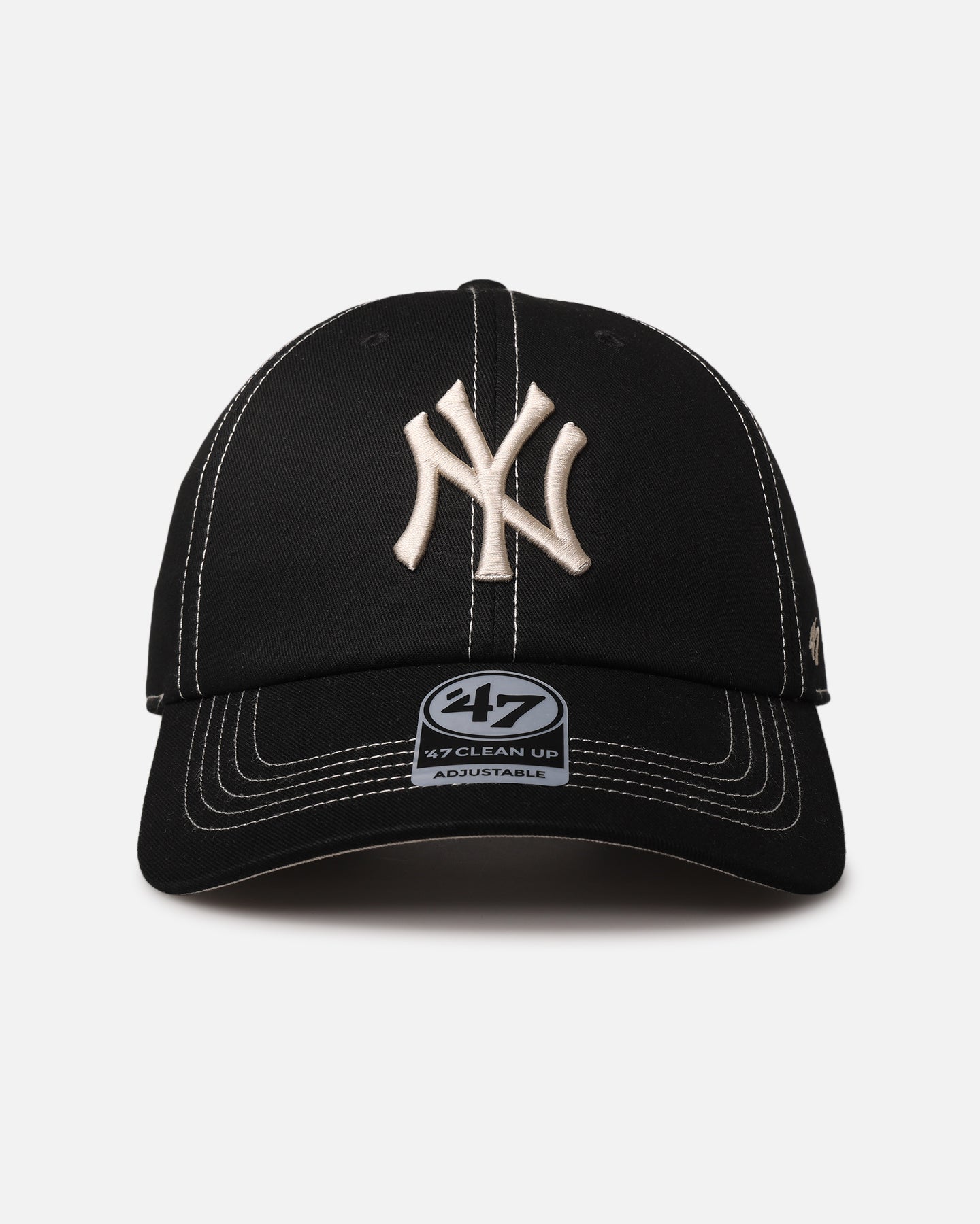 47 Brand New York Yankees 'Contrast Stitch' 47 Clean Up Strapback Adjustable Hat - Black/Bone Colorway - Perfect for Baseball Games, Streetwear Fashion & Fan Collections