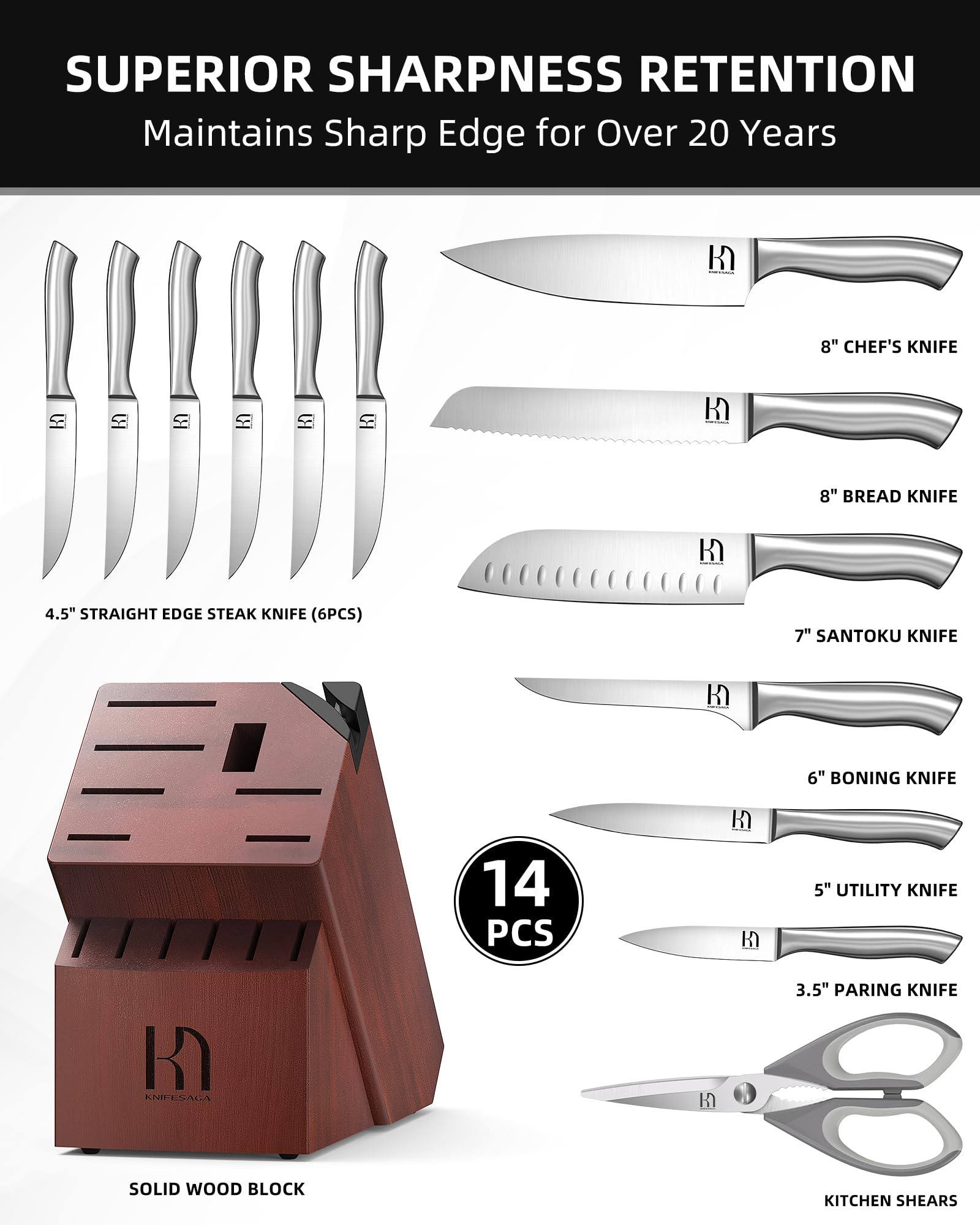 Premium 14-Piece Japanese High Carbon Stainless Steel Knife Block Set - Ultra Sharp Chef Knives with Built-in Sharpener for Professional Cooking & Home Kitchen Use
