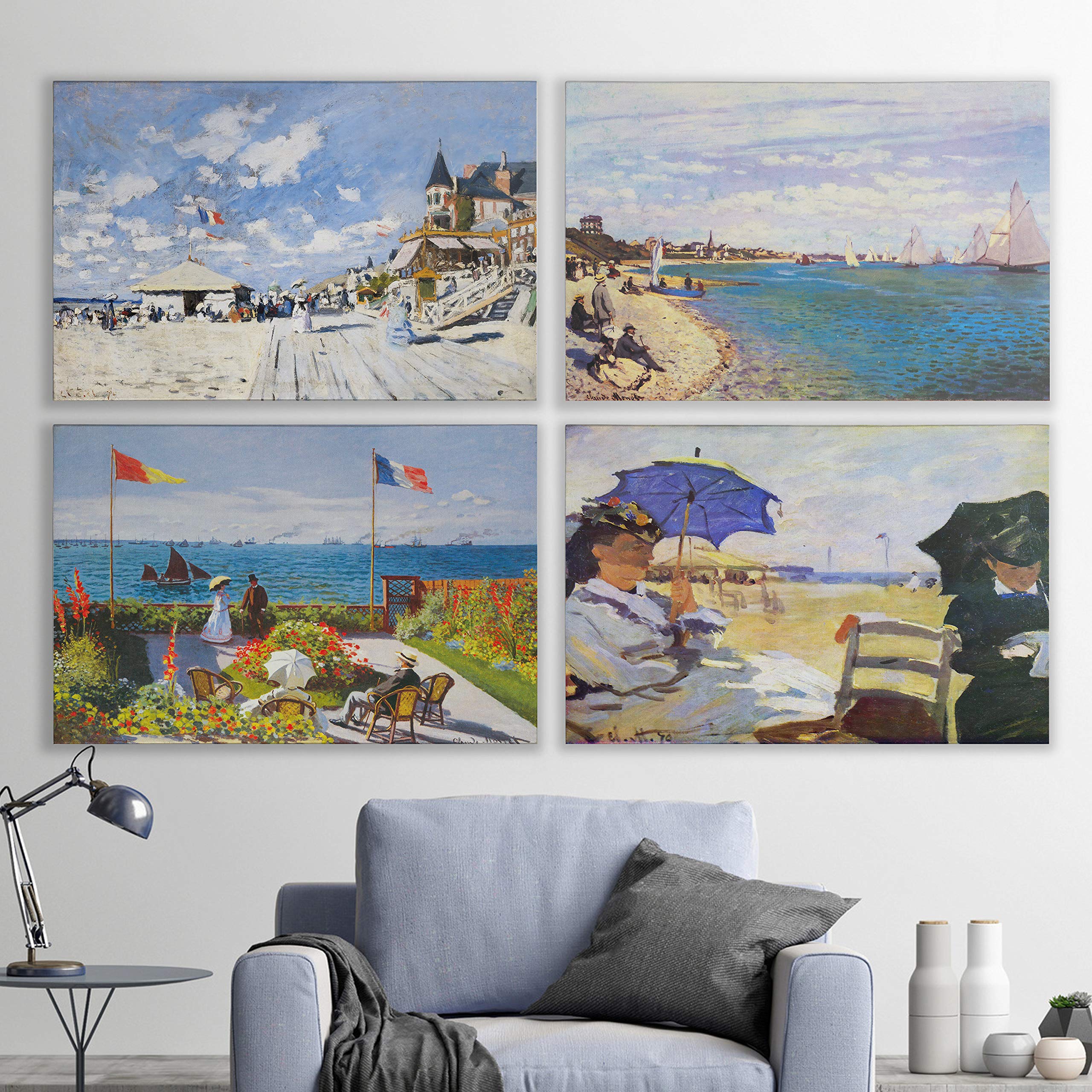 Beach View Gallery Wrapped Canvas Wall Art Set of 4 - Coastal Landscape Paintings for Living Room, Bedroom & Office Decor
