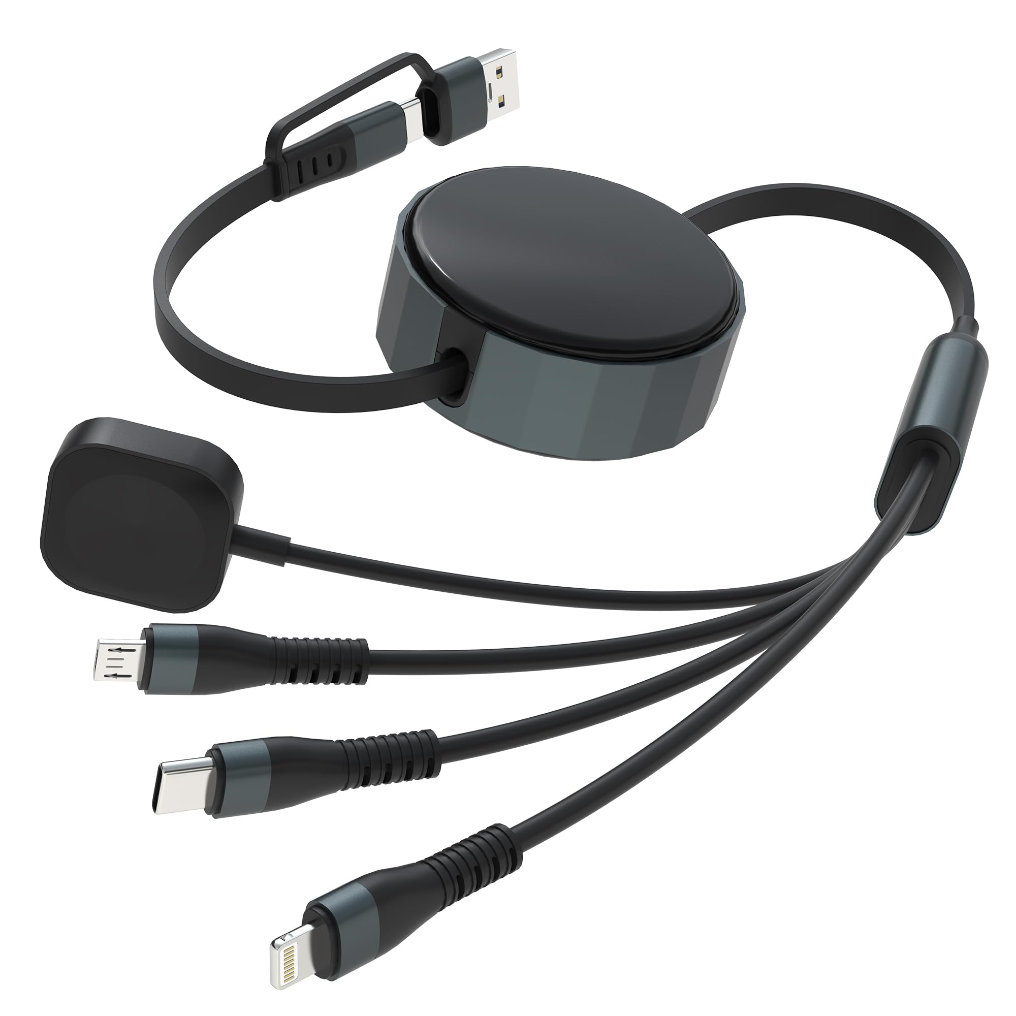 100W 4-in-1 Retractable Charging Cable for Apple Watch, iPhone & Android - USB C/Lightning/Micro Charger for iPad, Tablet, Laptop | Perfect for Travel, Office & Home Use