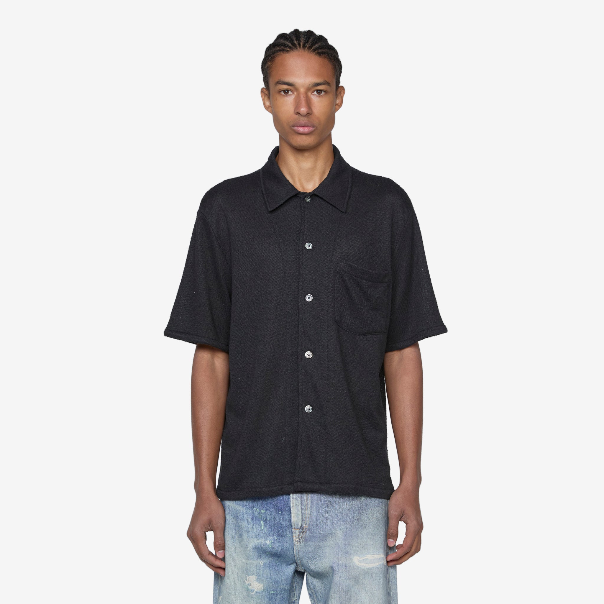 Men's Black Boucle Box Short Sleeve Shirt - Casual Summer Wear for Office & Outdoor Activities