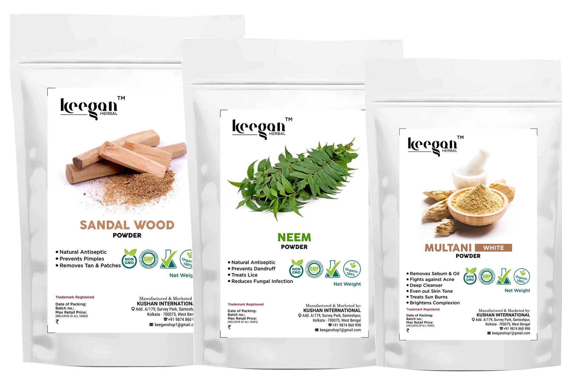 Keegan Herbal Natural & Pure Multani Mitti Powder, Neem Powder, Sandalwood Powder - 100gm Pouch Each | Organic Face Mask & Skin Care for Glowing Complexion