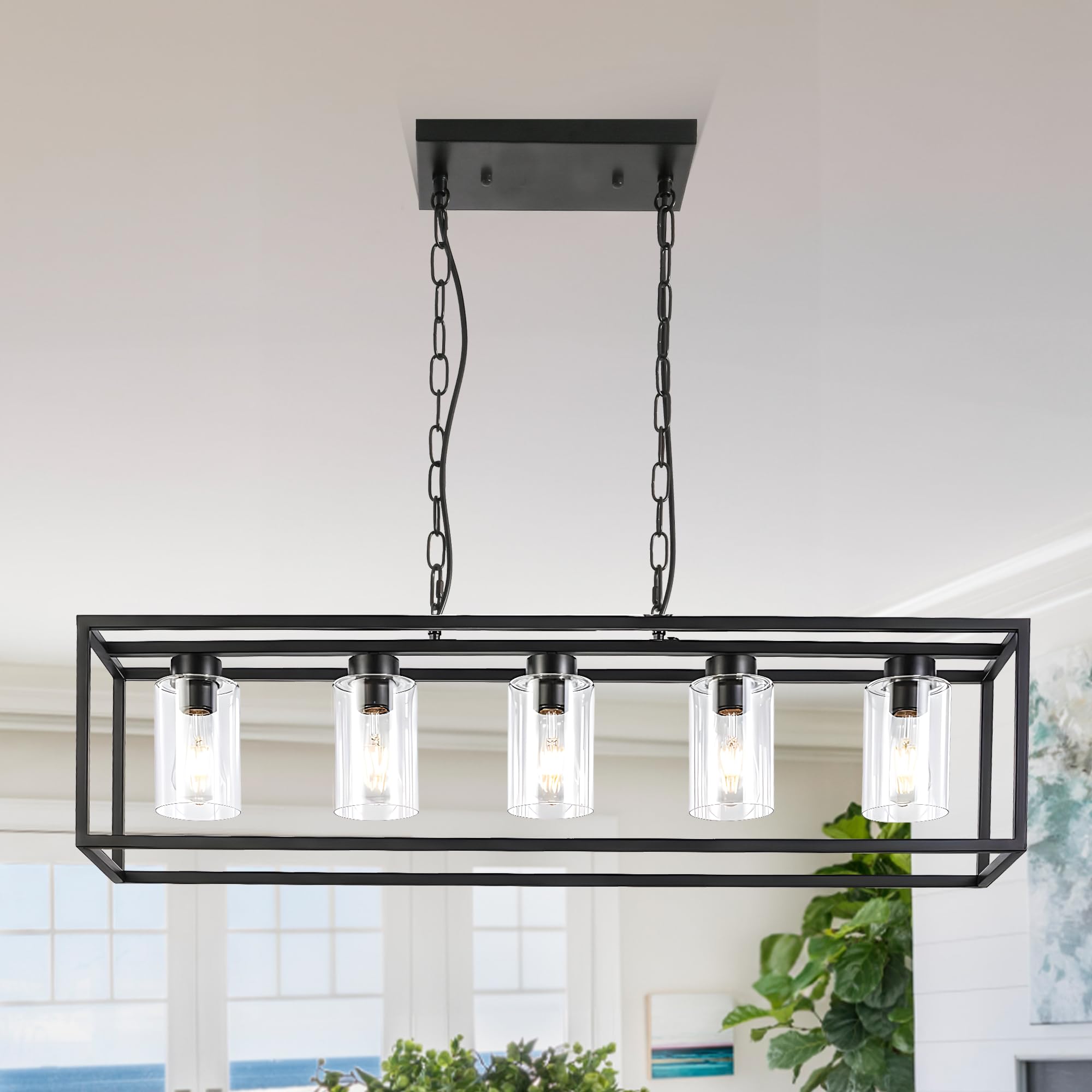 5-Light Black Kitchen Island Pendant Lighting with Clear Glass Shade - Modern Farmhouse Style Dining Room Chandelier - Perfect for Kitchen, Dining Room, Bar, Foyer and Entryway Lighting