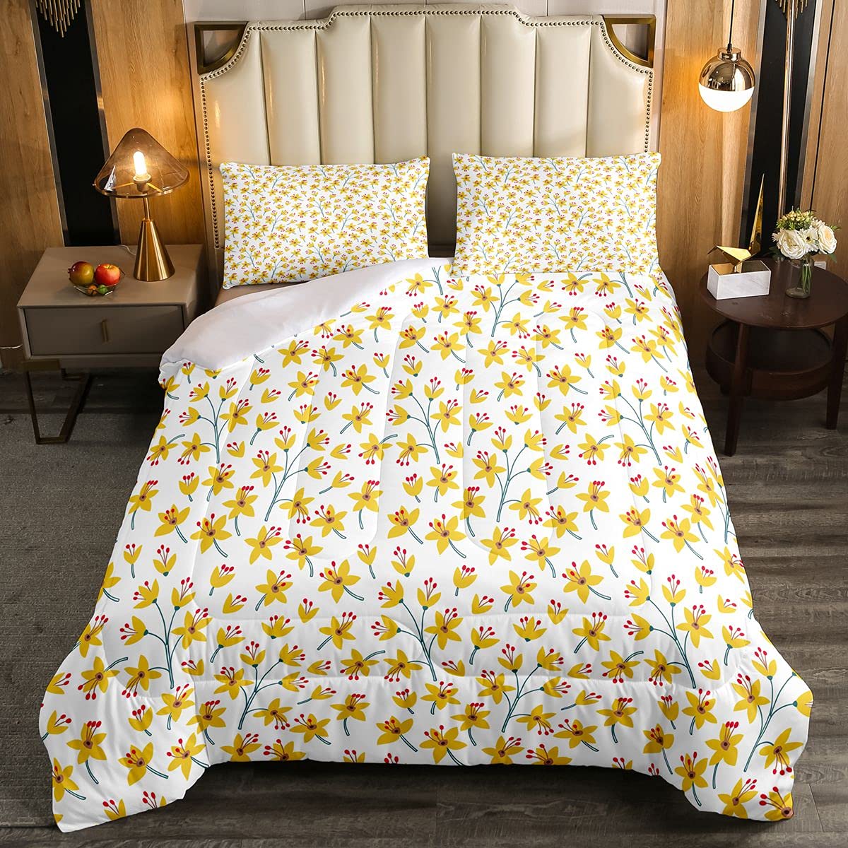 Yellow Floral Comforter Set for Girls - 3 Piece Full Size Bedding Set with Botanical Blossom Flowers, Soft Duvet Cover & Pillowcases - Perfect for Kids & Teens Room Decor, Nursery, Dormitory or Gift Idea