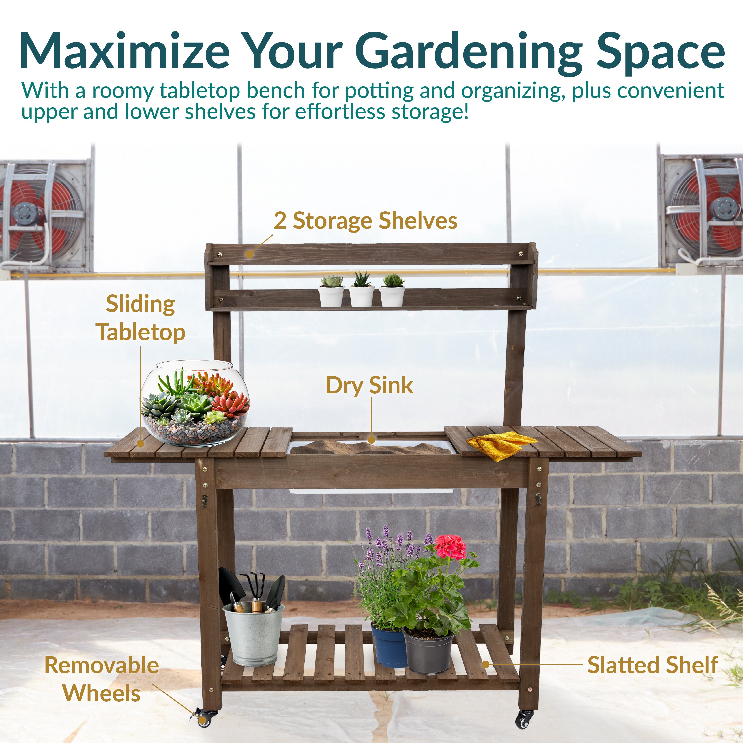 Sunnydaze Fir Wood Wheeled Outdoor Potting Bench with Sink - Brown | Heavy-Duty Garden Workstation for Planting, Potting & Organizing Tools | Perfect for Backyard, Greenhouse & Gardening Enthusiasts