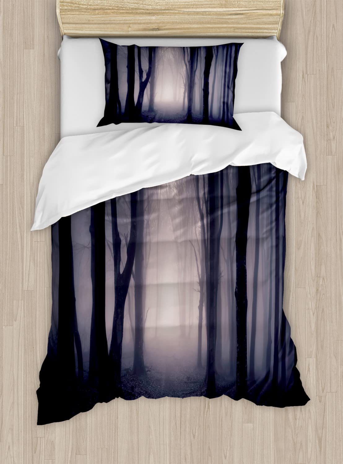 Ambesonne Forest Duvet Cover Set - King Size 2-Pack with 2 Duvet Covers & 4 Pillowcases, Dark Grey Purple Woodland Fog Halloween Design with Twisted Branches - Perfect for Spooky Bedroom Decor, Halloween Party & Gothic Home Theme