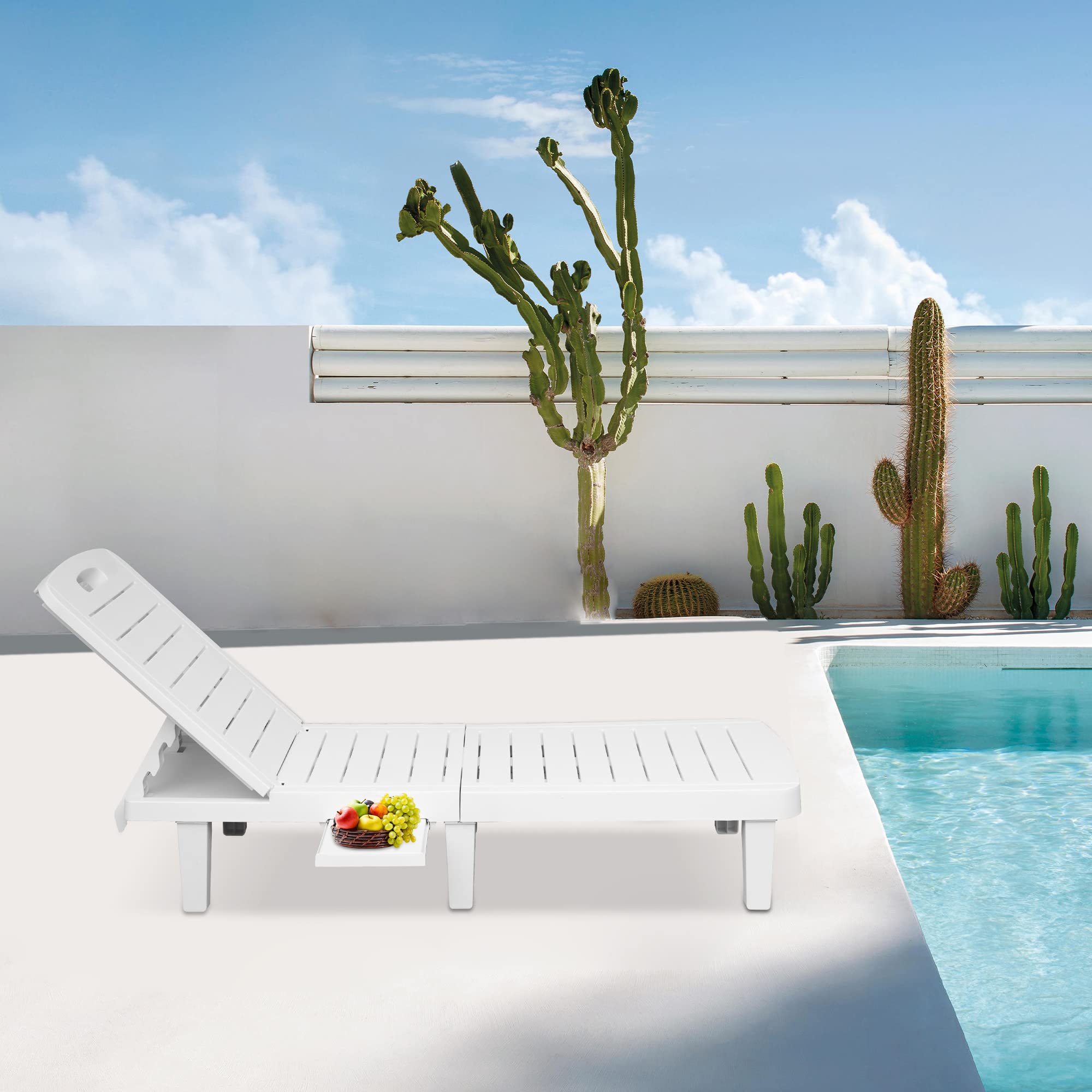 Premium White Patio Lounge Chairs - Adjustable Backrest Outdoor Chaise Lounge with Detachable Tray | Waterproof & Lightweight Plastic Poolside Chair for Beach, Garden, Backyard | Perfect for Sunbathing, Relaxing by the Pool or Coastal Getaways