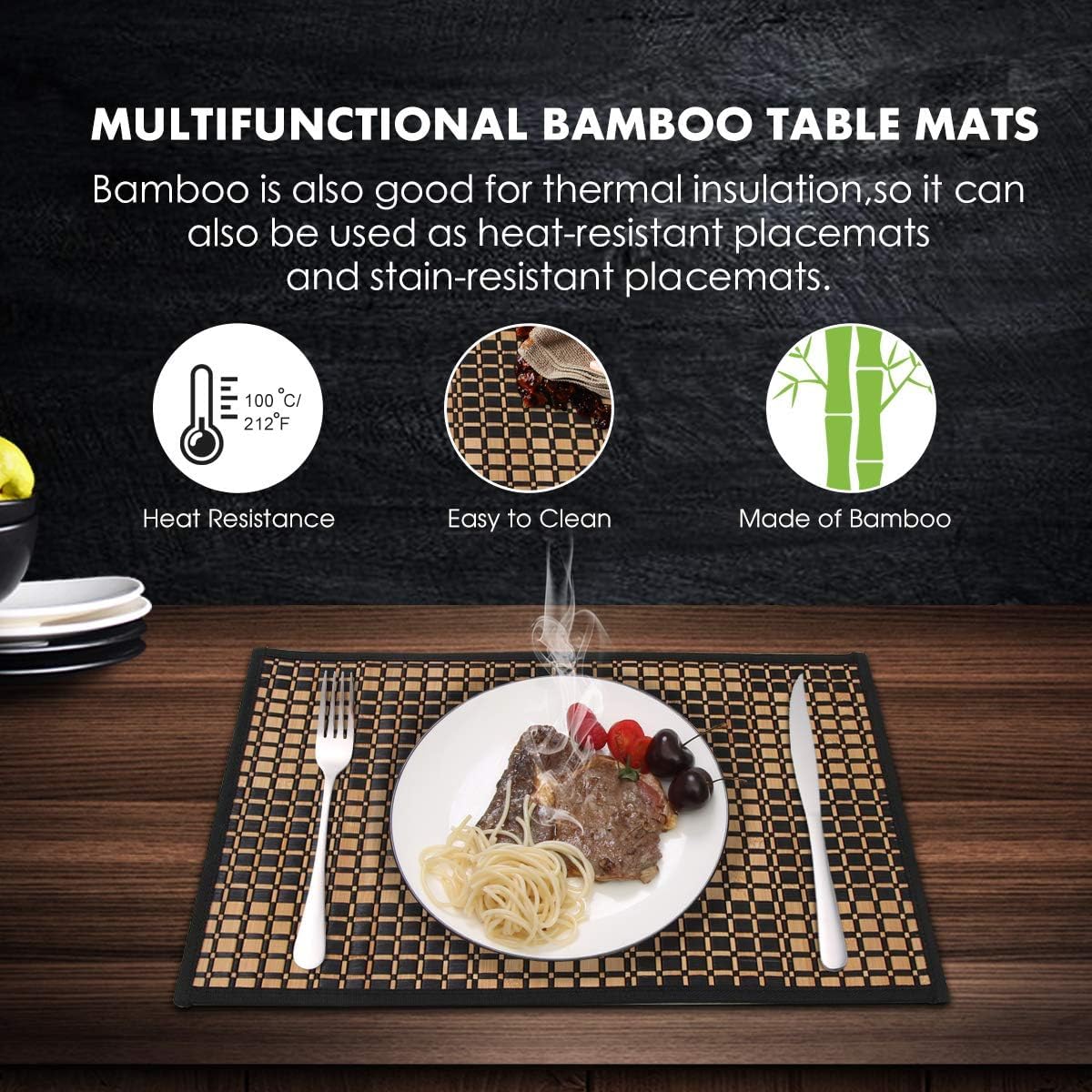 Eco-Friendly Bamboo Placemats Set of 4 - Stain & Heat Resistant Dining Table Mats - Durable Kitchen Table Place Mats for Everyday Use - Perfect for Family Dinners, Parties & Home Decor (Black)