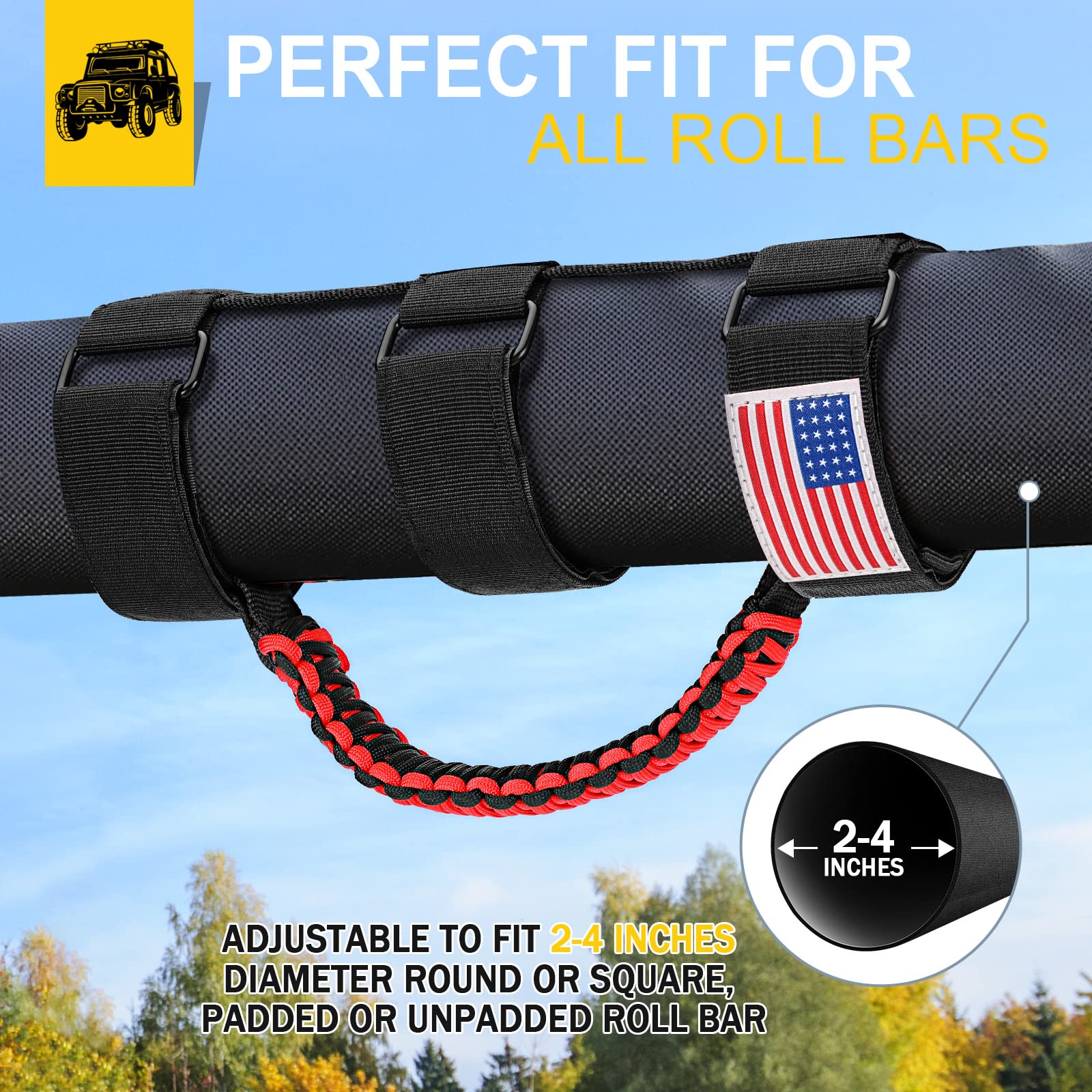 4 Pack Roll Bar Grab Handles for Jeep Wrangler JL JK TJ YJ & Gladiator (1955-2023) - Heavy Duty Paracord Grip with Metal Buckle - Durable Off-Road Accessories (Red) - Perfect for Trail Riding & Adventure Trips