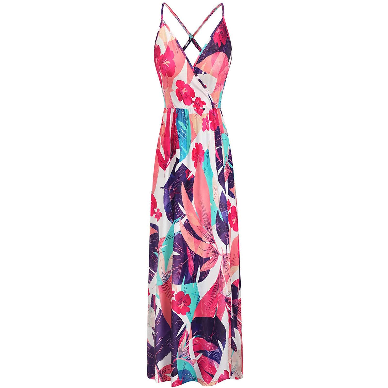 Women's Casual V-Neck Open Back Printed Maxi Dress - Summer Beach Party & Evening Wear - Flowy Boho Chic Dress for Women