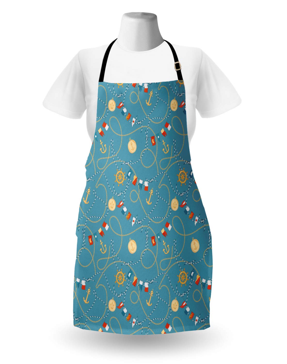 Ambesonne Blue Nautical Apron - Sailor Anchor Medals Chains Flags Steering Wheel Print - Adjustable Unisex Kitchen Bib for Cooking, Baking & Grilling - Perfect for Home Chefs, BBQ Parties & Gardening - Adult Size in Cadet Blue & Beige