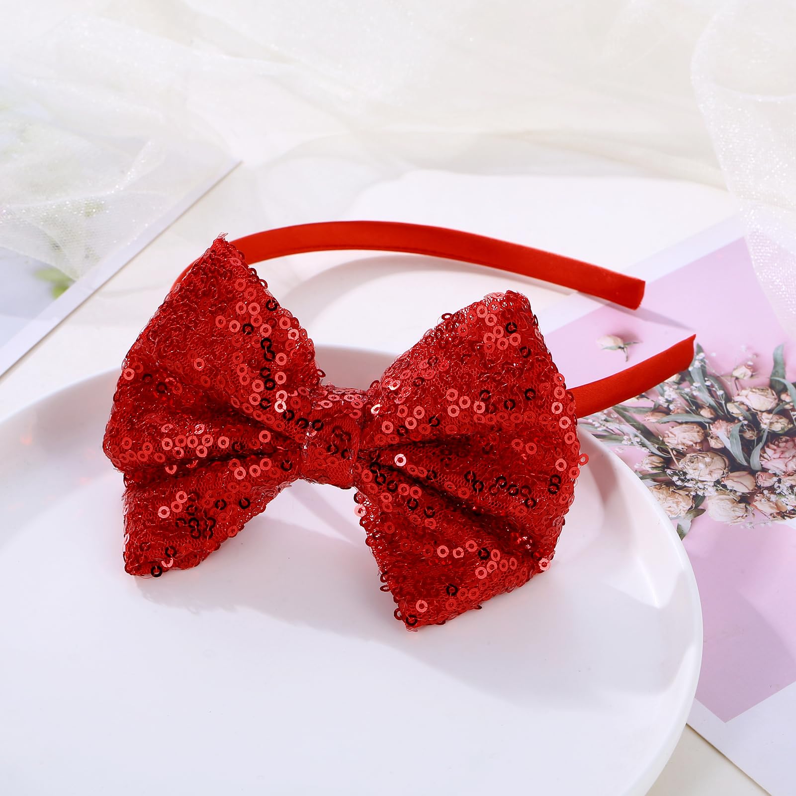 Sparkly Sequin Hair Bow Headbands for Girls, Kids & Women – Fashion Glitter Cute Boutique Ribbon Bows (Red) – Perfect for Parties, Weddings, Holidays & Everyday Wear