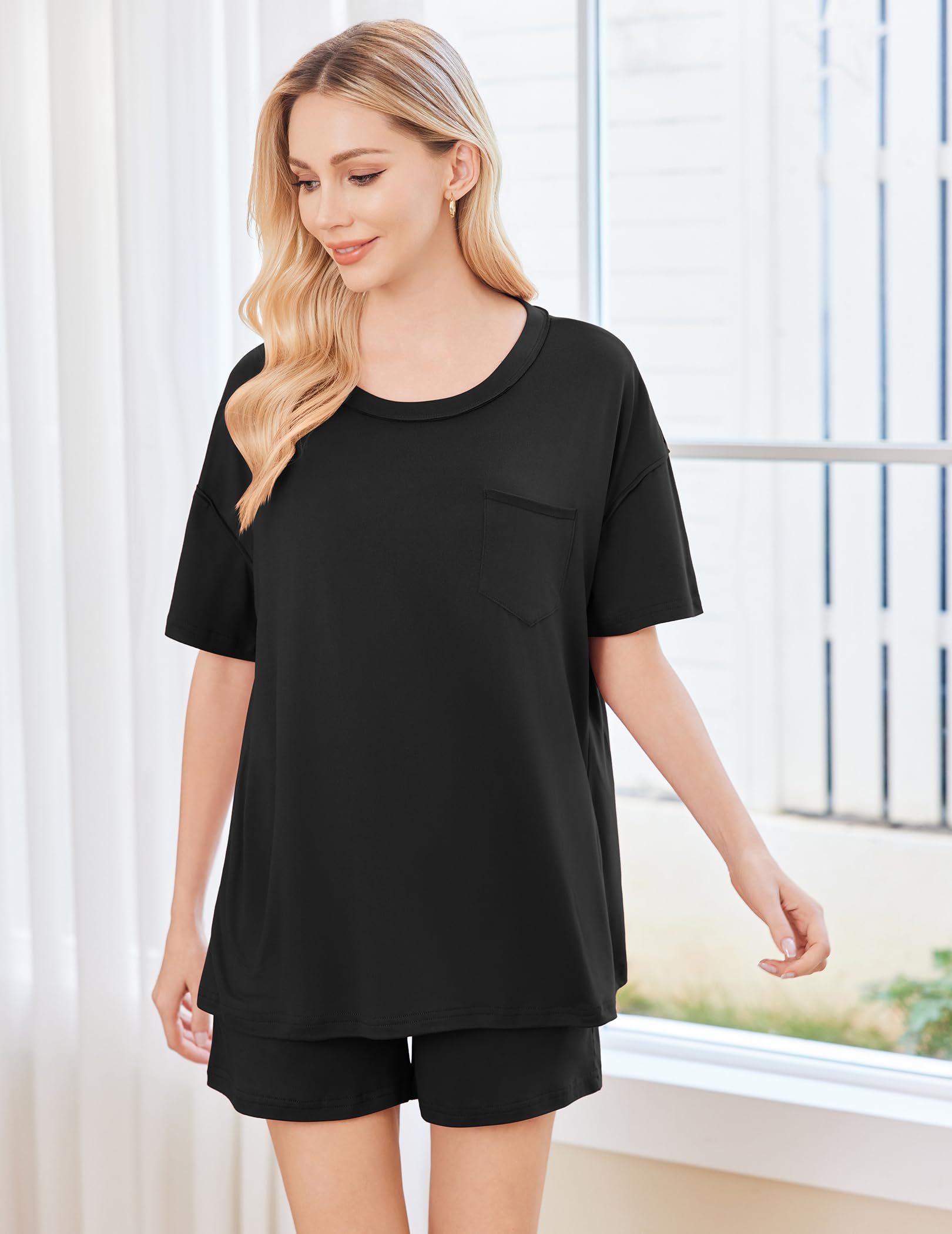 Ekouaer Women's 2 Piece Pajama Set - Soft Short Sleeve Sleepwear with Round Neck Top & Lounge Shorts - Perfect for Sleeping, Lounging & Summer Nights