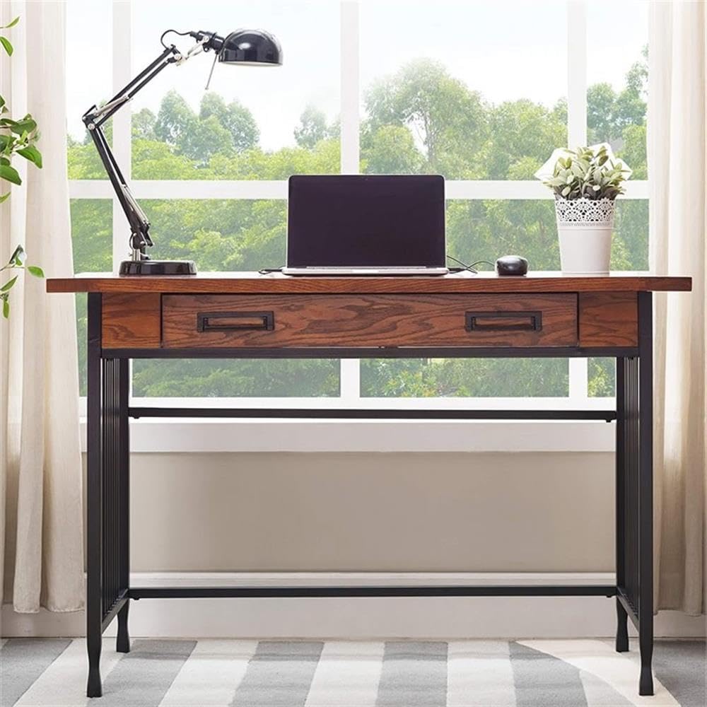 BOWERY HILL Ironcraft Mission Oak Computer Desk - Home Office Workstation for Study, Gaming & Remote Work