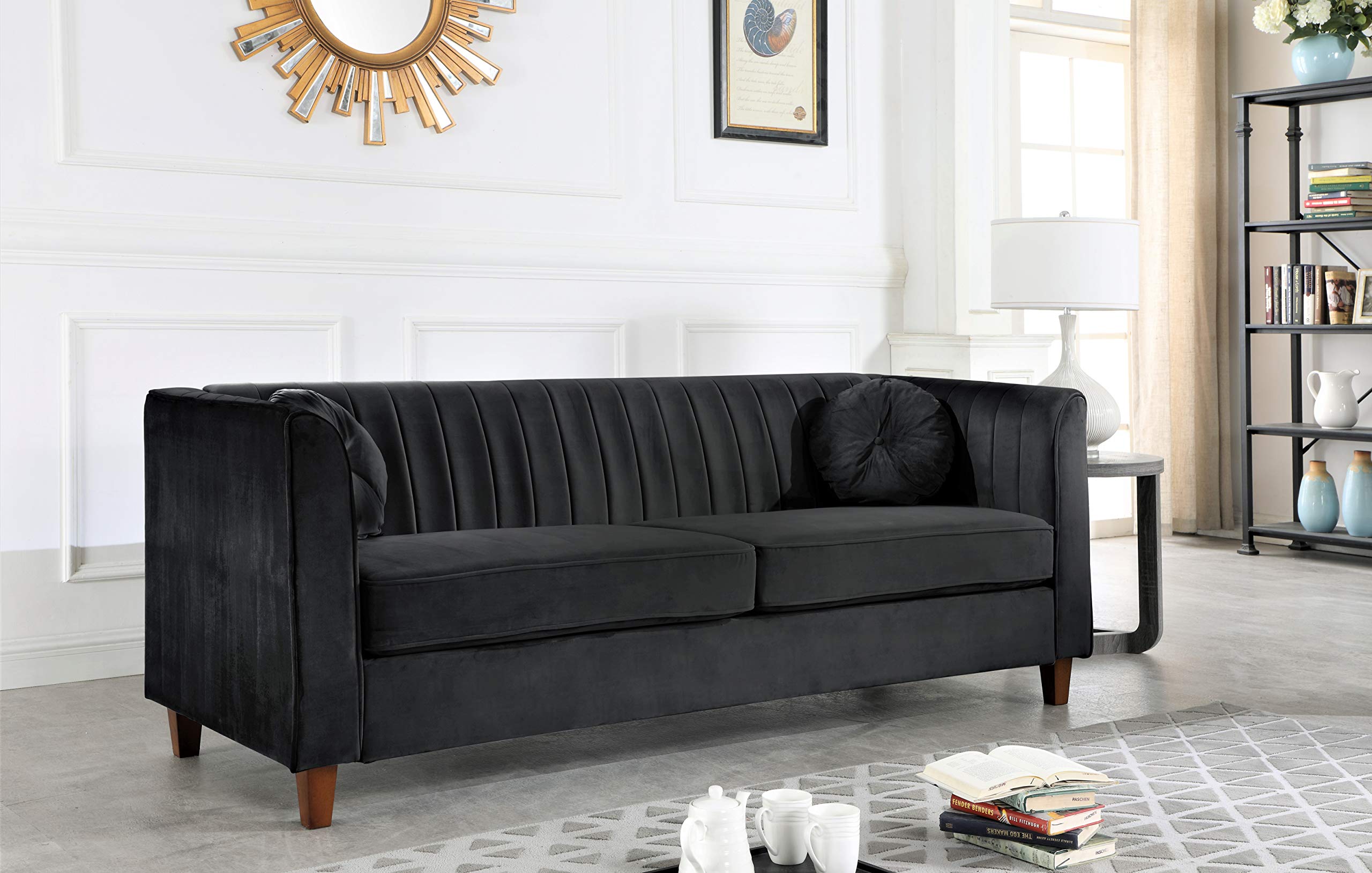 Mid Century Velvet Upholstered Chesterfield Sofa - Black Velvet Loveseat for Living Room | Classic Retro Furniture for Home Decor & Lounge Relaxation