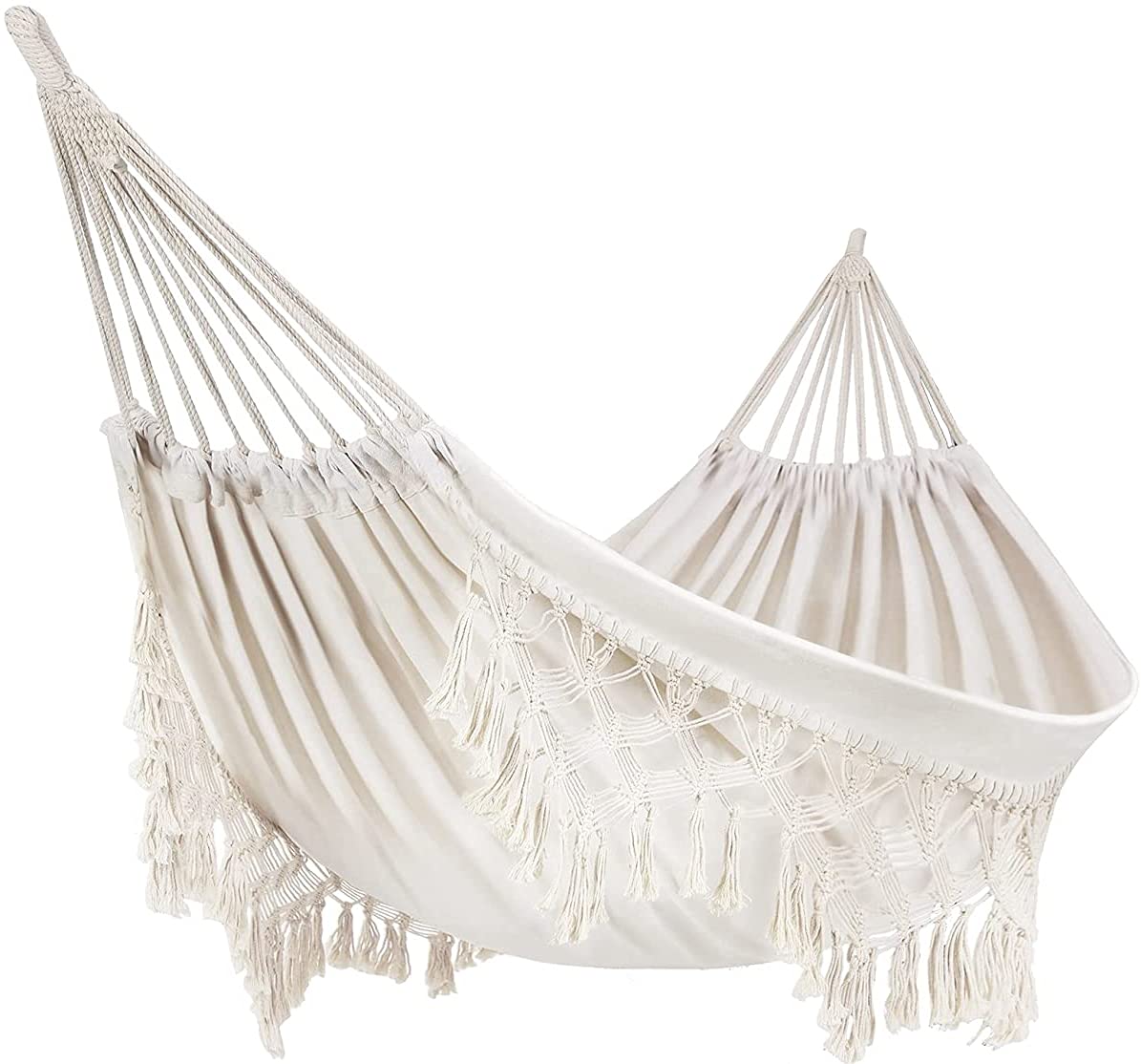 Premium Cotton Double Hammock for 2 Persons - 480lbs Capacity, Handmade with Macrame Fringe & Boho Tassels - Perfect for Outdoor Relaxation in Garden, Backyard, Beach, Patio or Balcony | Ideal for Camping, Picnics and Summer Lounging