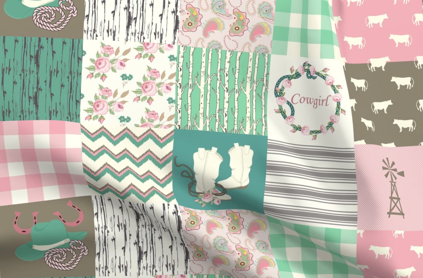Cowgirl Western Printed Minky Fabric by The Yard - Pink Aqua Teal Country Cowboy Wholecloth Cheater Quilt Material for Sewing Baby Blankets, Quilt Backing & Plush Projects - Soft & Cozy for Nursery, Home Decor & DIY Crafts