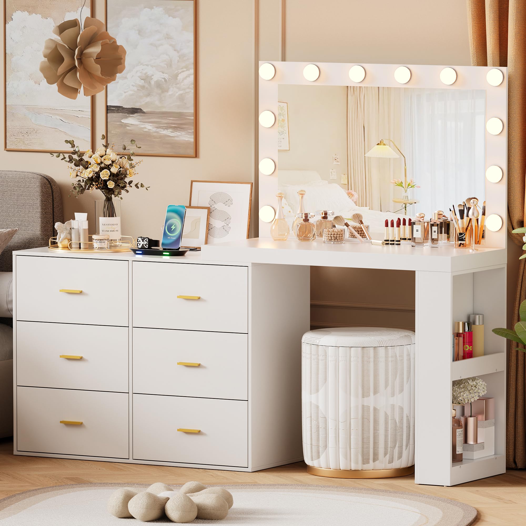 PakaLife Vanity Desk with Mirror, Lights & Charging - 6 Drawers for Bedroom Makeup