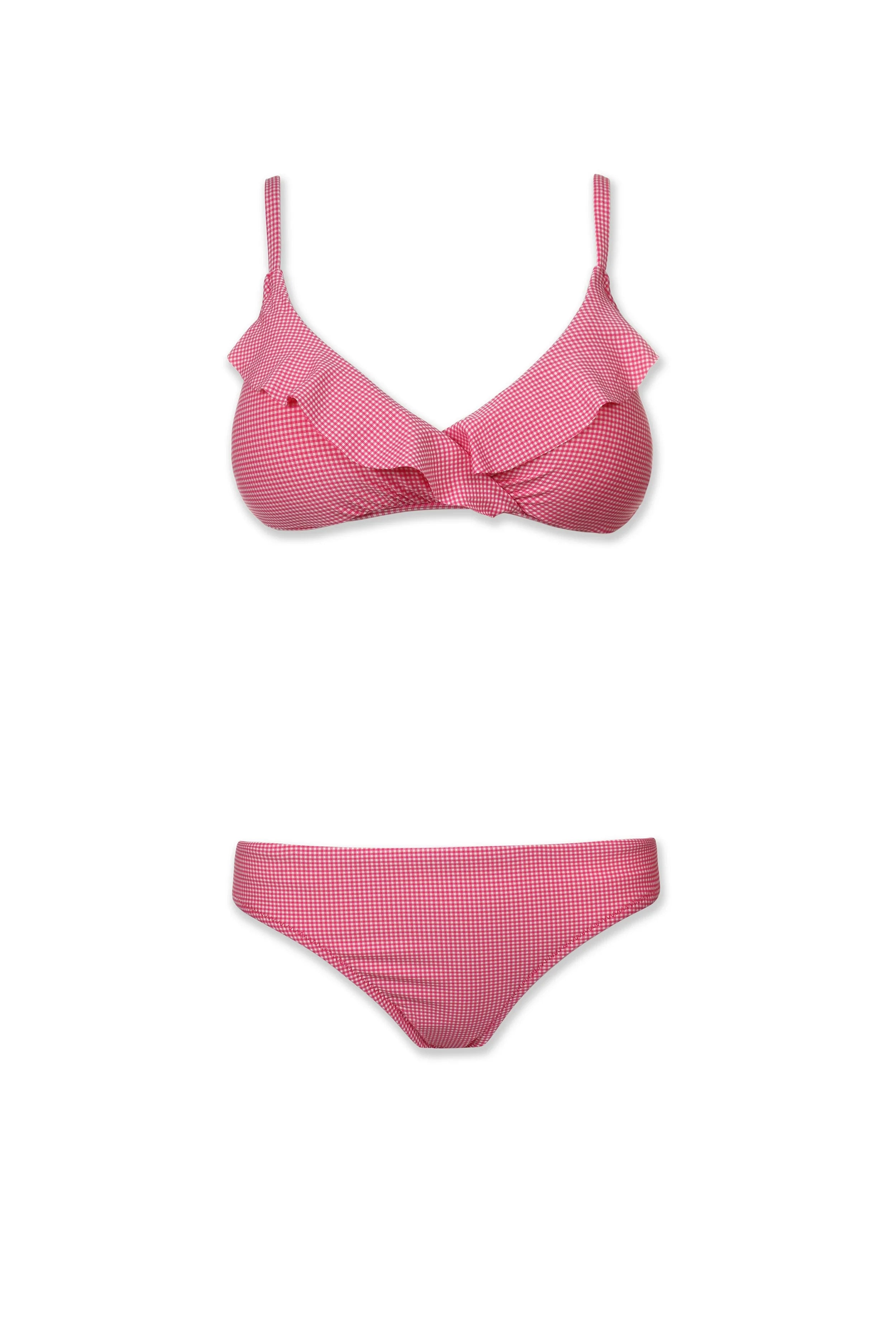 Ruffled Shirred Cross Over Bra - Pink Gingham Bralette for Women | Comfortable Lace Underwear for Everyday Wear & Date Nights
