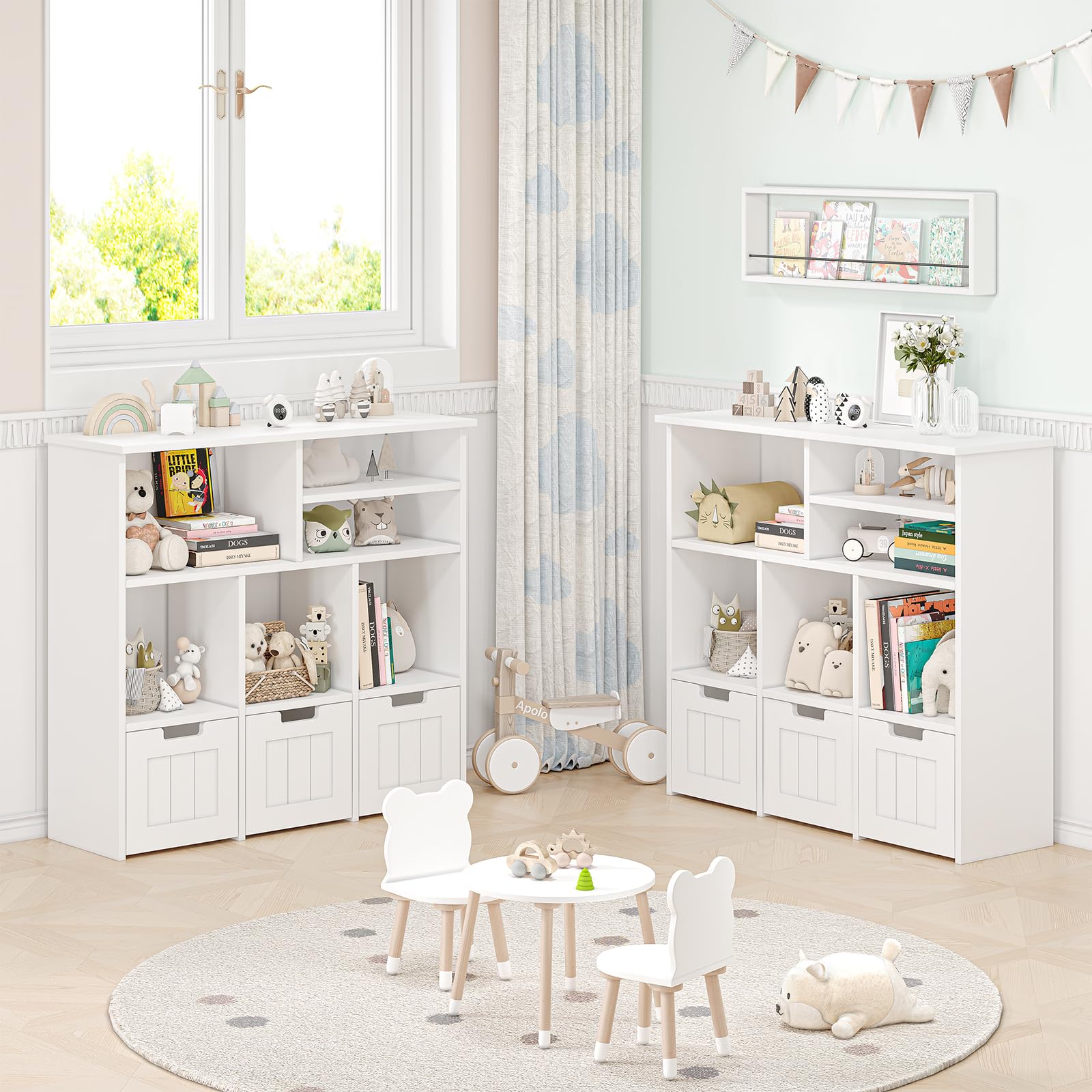 3-Tier Kids Toy Storage Organizer with Movable Drawers & Hidden Wheels - Multifunctional Bookshelf Cabinet for Nursery, Playroom, Bedroom - Perfect for Organizing Toys, Books & Kids Essentials (White)