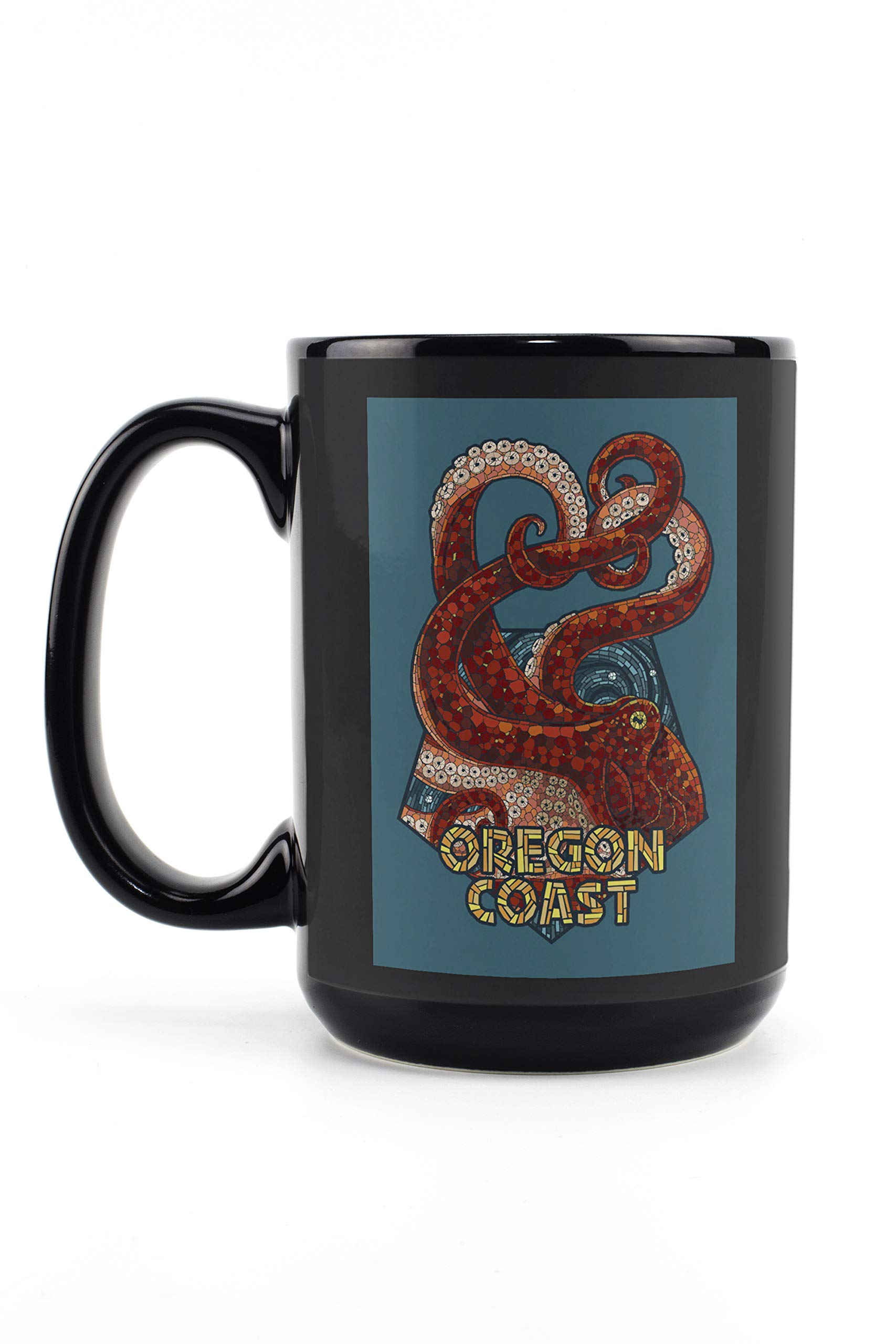 Oregon Coast Mosaic Octopus 15oz Black Ceramic Coffee Mug - Dishwasher & Microwave Safe - Perfect for Home, Office & Gift Giving