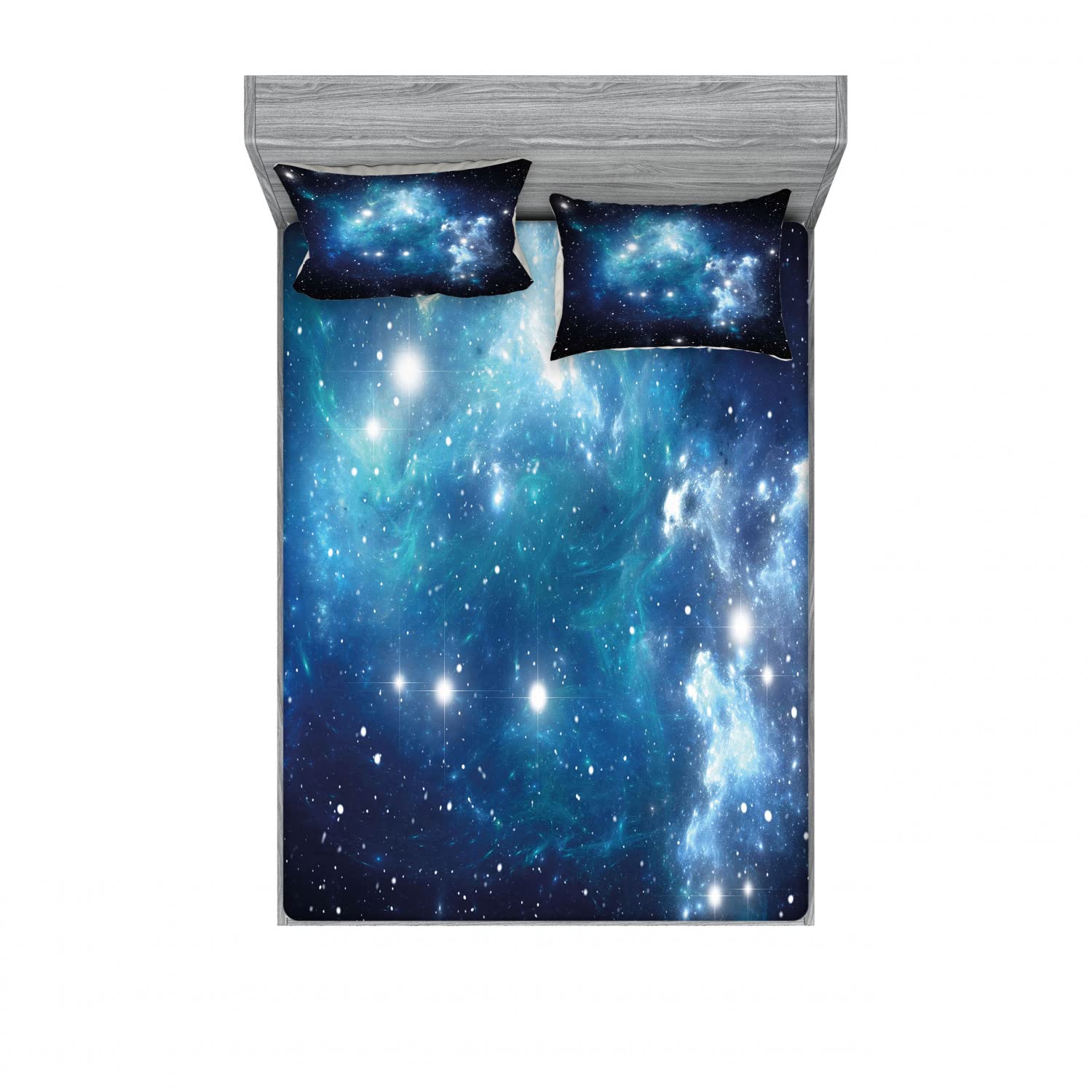 Ambesonne Space Themed 2-Pack Queen Size Fitted Sheet Set with 4 Pillow Shams - Supernova Stars Galaxy Print Blue Bedding Collection | Perfect for Astronomy Lovers, Kids Room Decor & Sci-Fi Themed Bedrooms