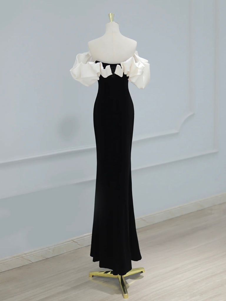 Elegant Black Mermaid Off Shoulder Velvet Satin Long Prom Dress for Women - Perfect for Evening Parties, Formal Events & Special Occasions