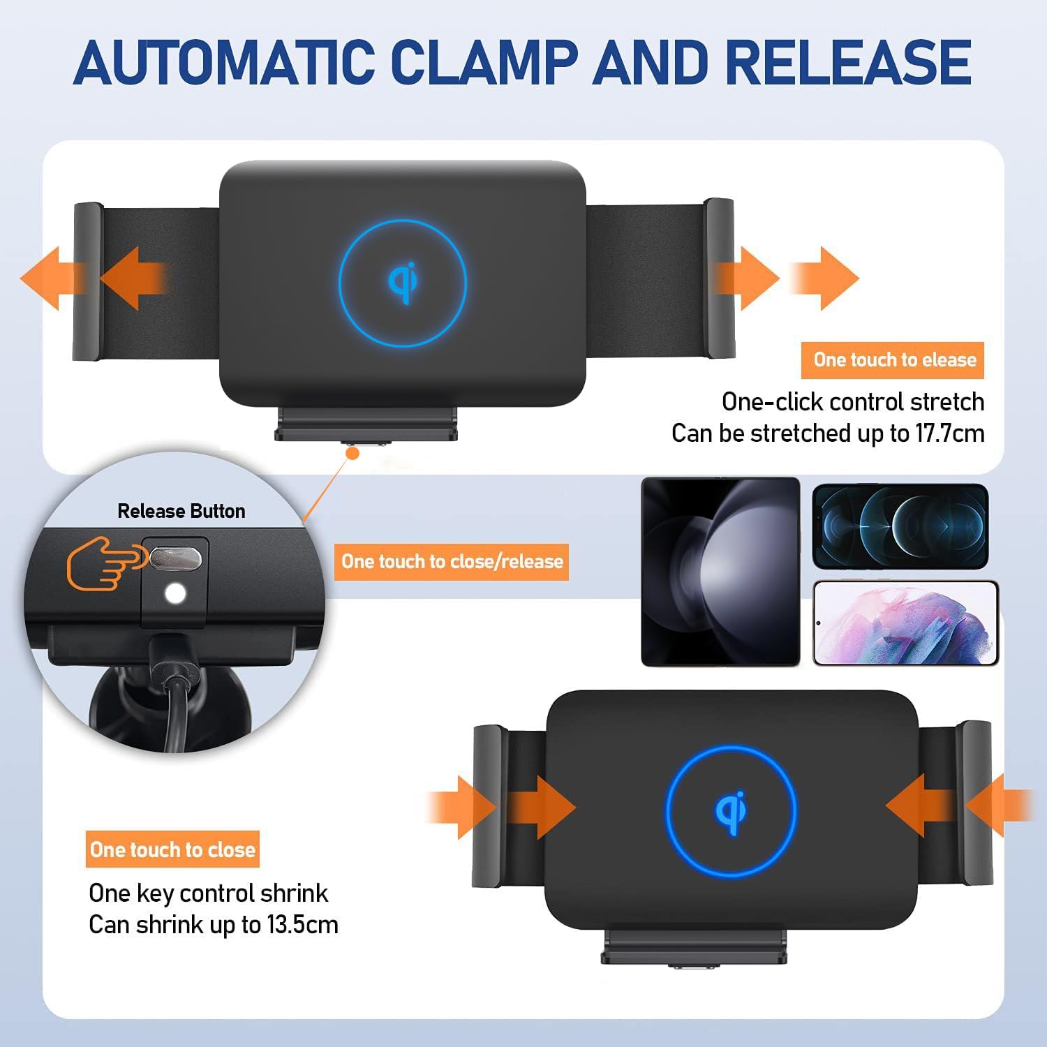 15W Qi Wireless Car Charger Mount - Compatible with Samsung Galaxy Z Fold6/Fold5/Fold4/Fold3/Fold2 & S25 Ultra, iPhone 16 Pro Max (4.3-6.9 inch Phones) - Auto Clamp Fast Charging Phone Holder for Safe Driving & Hands-Free Use
