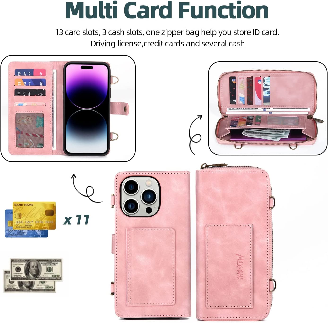 iPhone 14 Pro Max Wallet Case with Flip Cover, Zipper Closure & Card Holder - Slim Protective Phone Case for Women & Men (Pink) - Perfect for Everyday Use, Travel & Business Meetings
