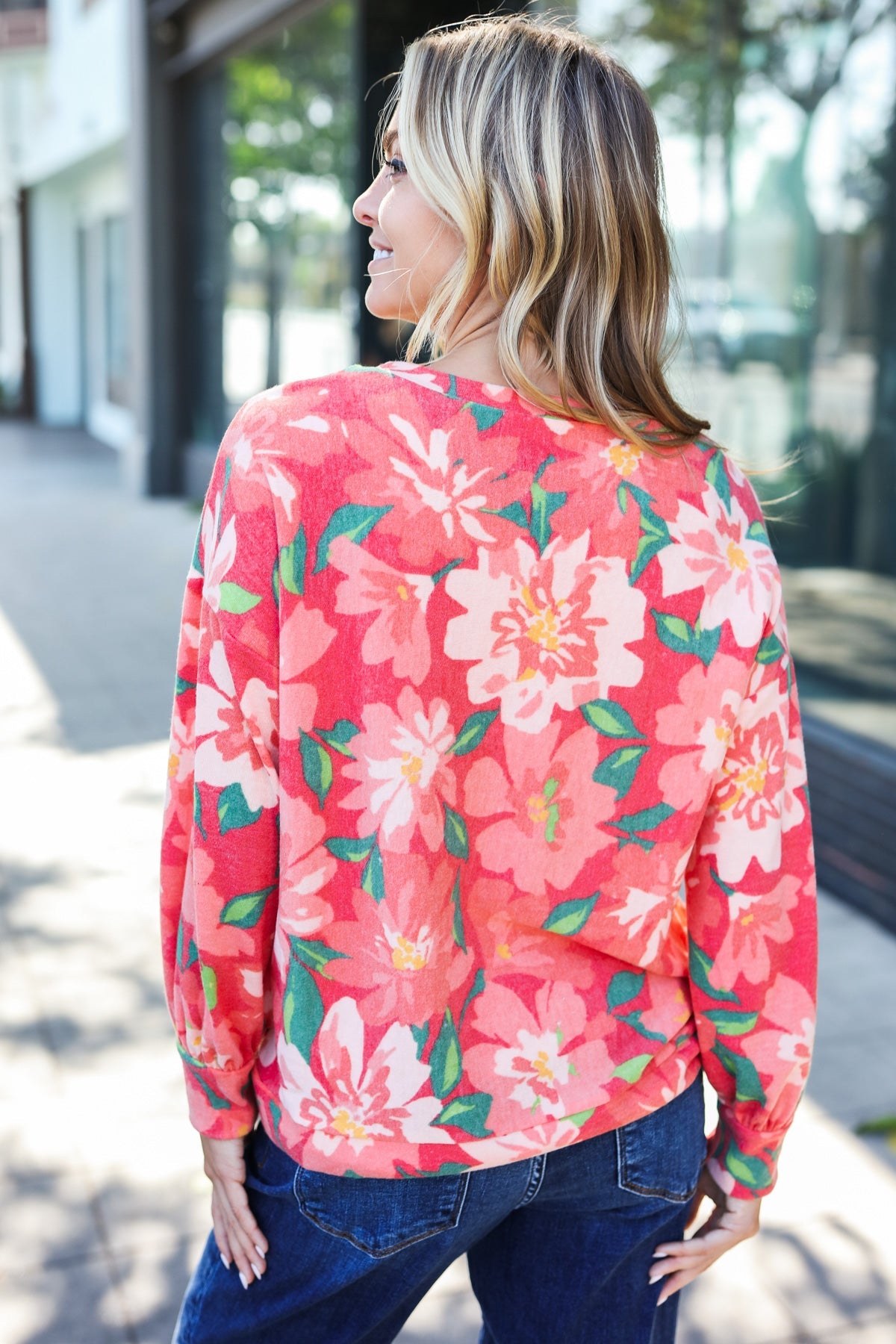 Stylish Red Floral Brushed Hacci Sweater Top for Women | Soft Comfortable Knit Pullover | Perfect for Fall Outfits, Date Nights & Casual Wear