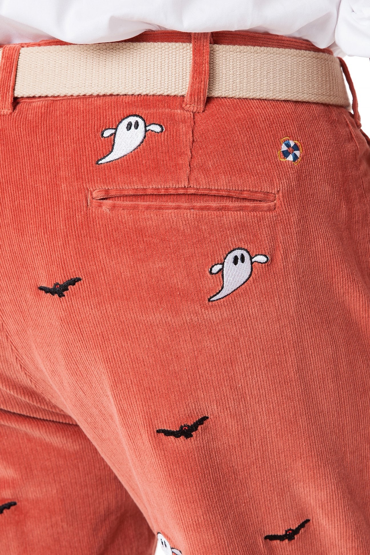 Beachcomber Corduroy Pants for Men & Women - Nantucket Red with Ghost & Bat Print | Comfortable Casual Trousers for Fall & Winter | Perfect for Halloween, Beach Outings & Autumn Fashion