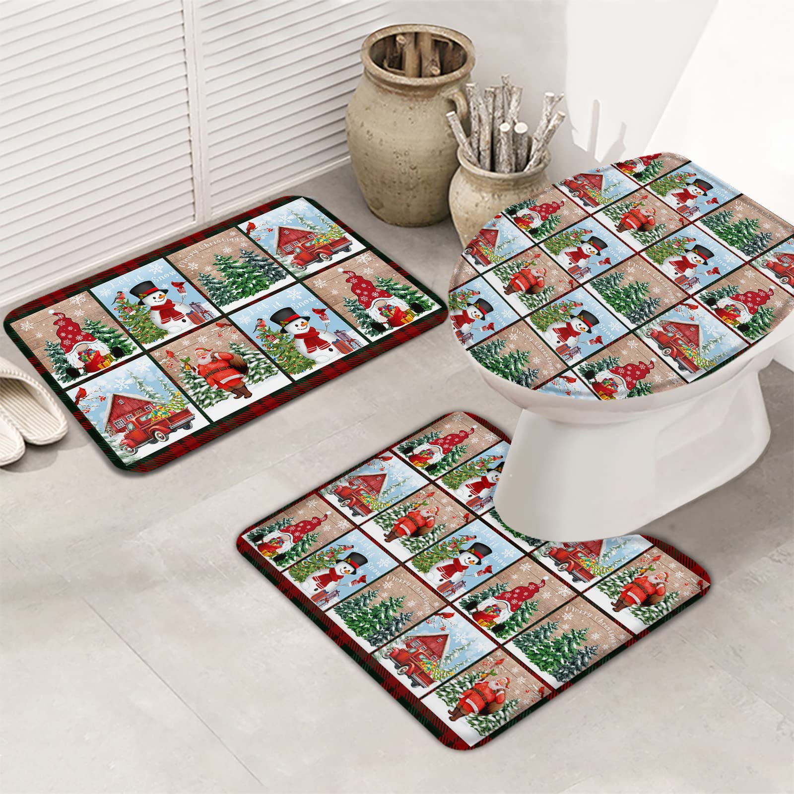 3-Piece Christmas Snowman Santa Gnome Bathroom Rug Set - Memory Foam U-Shaped Toilet Mat, Absorbent Bath Mats for Tub with Xmas Tree Design - Perfect for Holiday Decor & Cozy Winter Bathroom