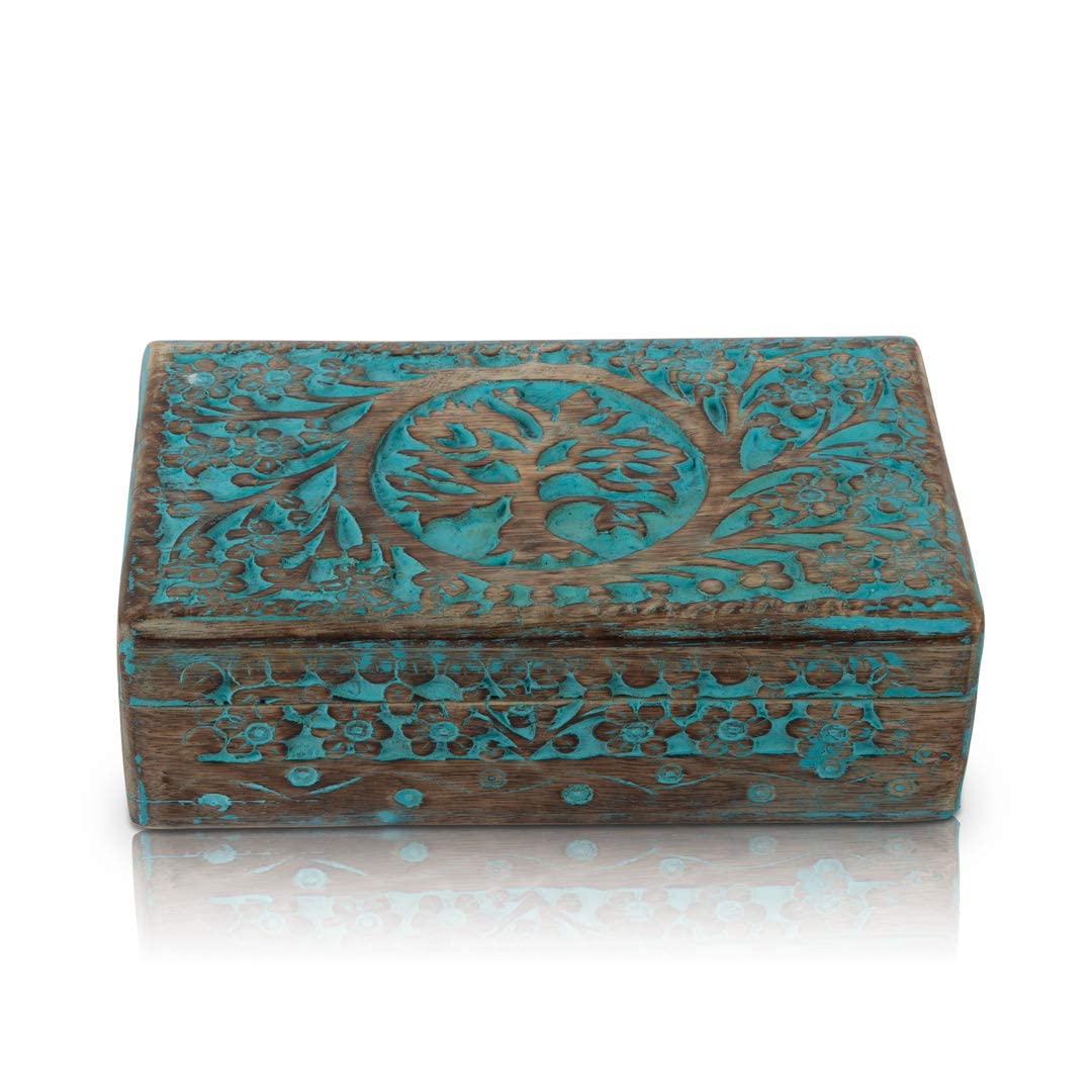Handmade Wooden Jewelry Box with Tree of Life Carving - Jewelry Organizer, Keepsake Box, Watch Storage - Perfect Birthday, Housewarming Gift for Women (Blue) - Great for Bedroom Vanity, Travel & Wedding Jewelry Storage