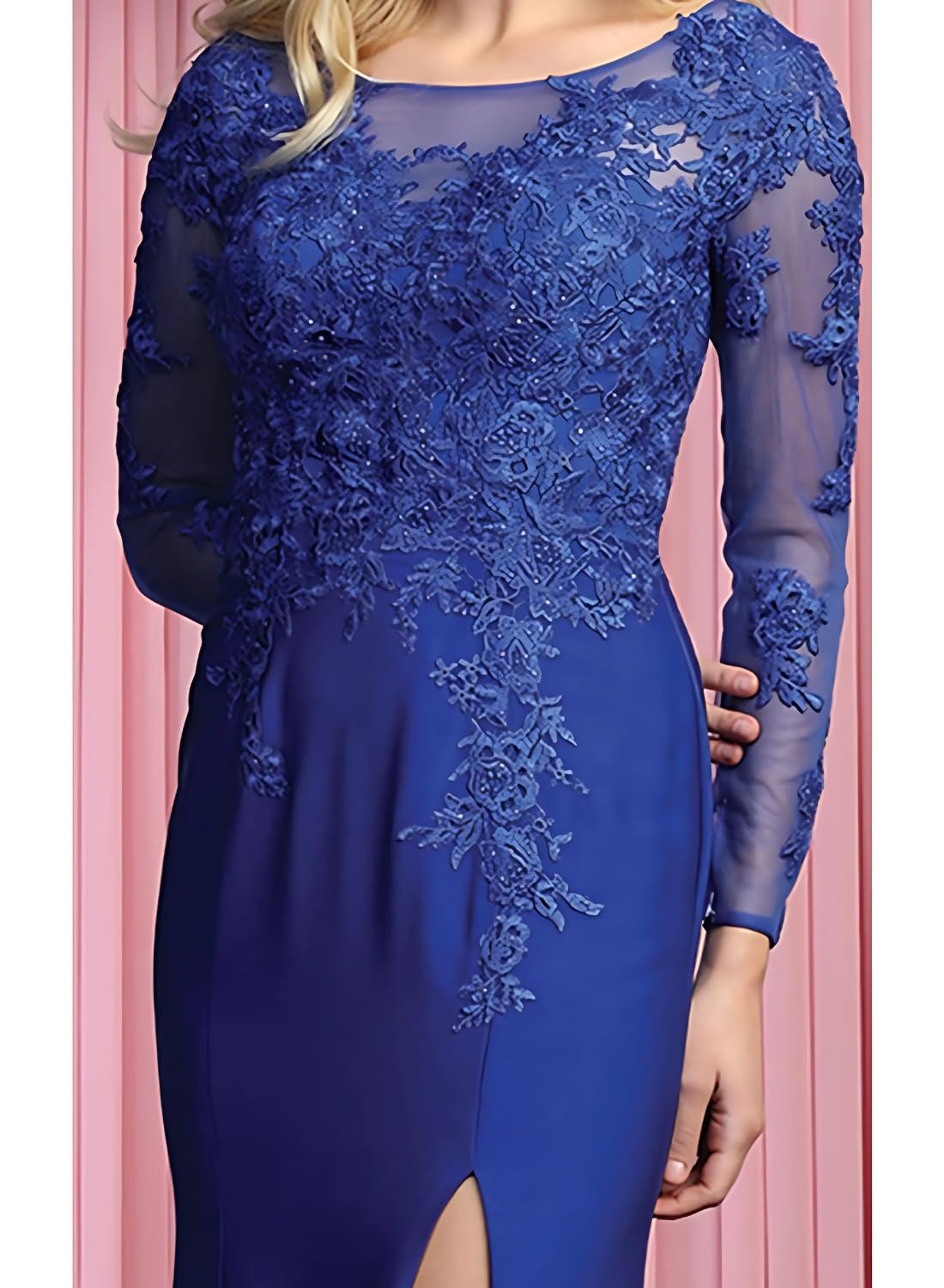 Elegant Embroidered Long Sleeve Evening Gown for Women - High Slit Mother of The Bride Dress - Perfect for Weddings, Galas, and Formal Occasions