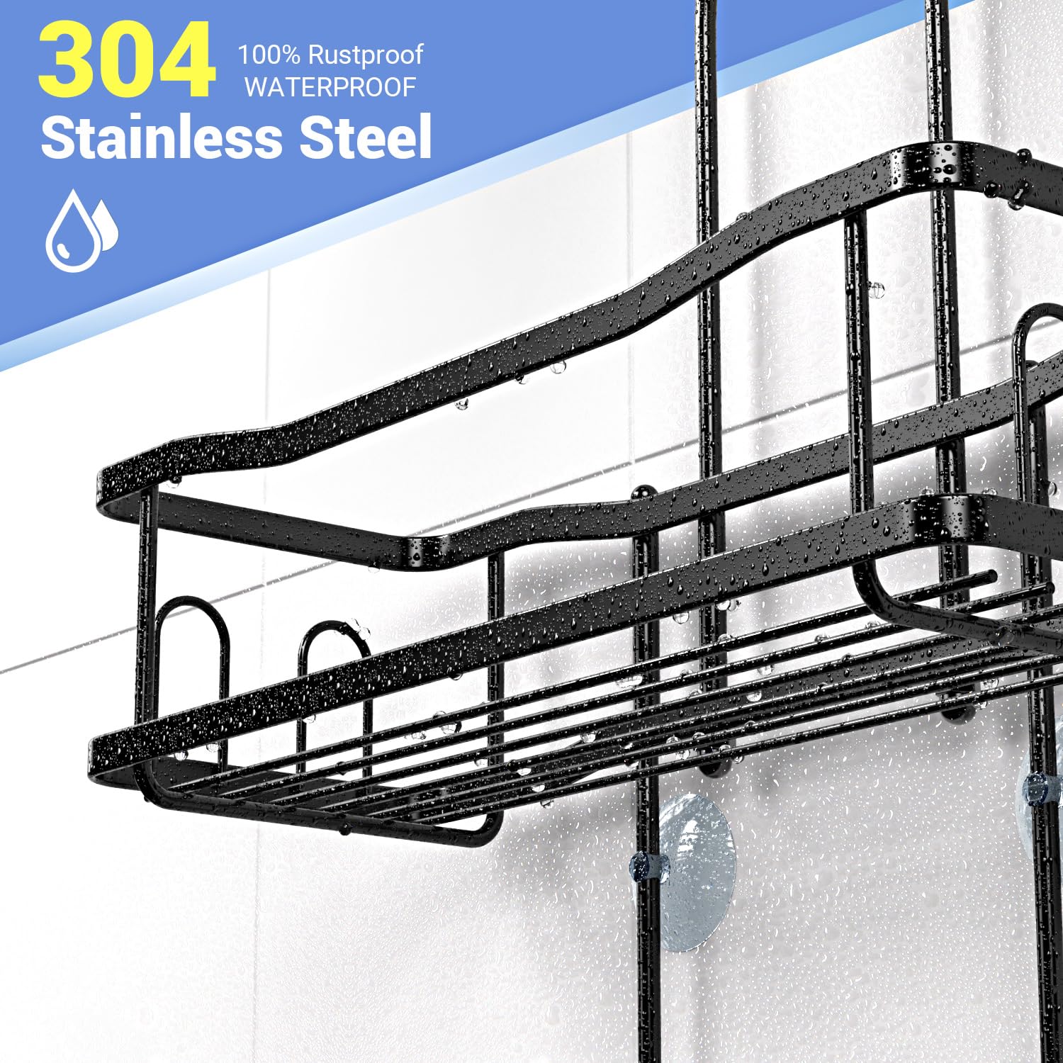 Rustproof Hanging Shower Caddy - No Drill Bathroom Organizer Shelf with Soap Holder for Shampoo & Toiletries - Black Over-the-Shower Storage Solution for Small Bathrooms & Apartments