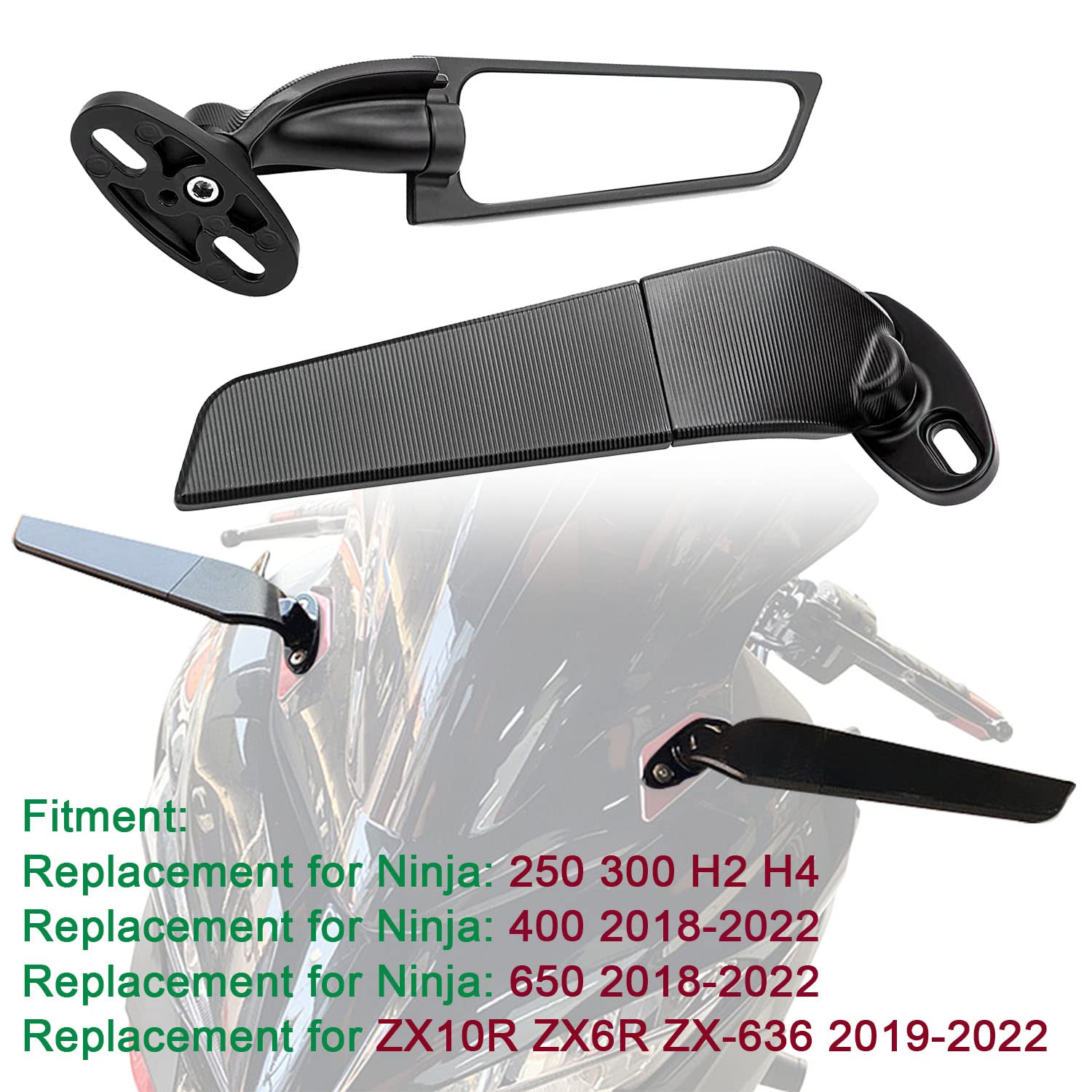 1 Pair Adjustable Rotating Motorcycle Side Mirrors - Wide Viewing Angle Wing Rearview Mirrors for Kawasaki Ninja 300/400/650/ZX6R & Honda CBR1000RR - Enhanced Safety for Street & Highway Riding