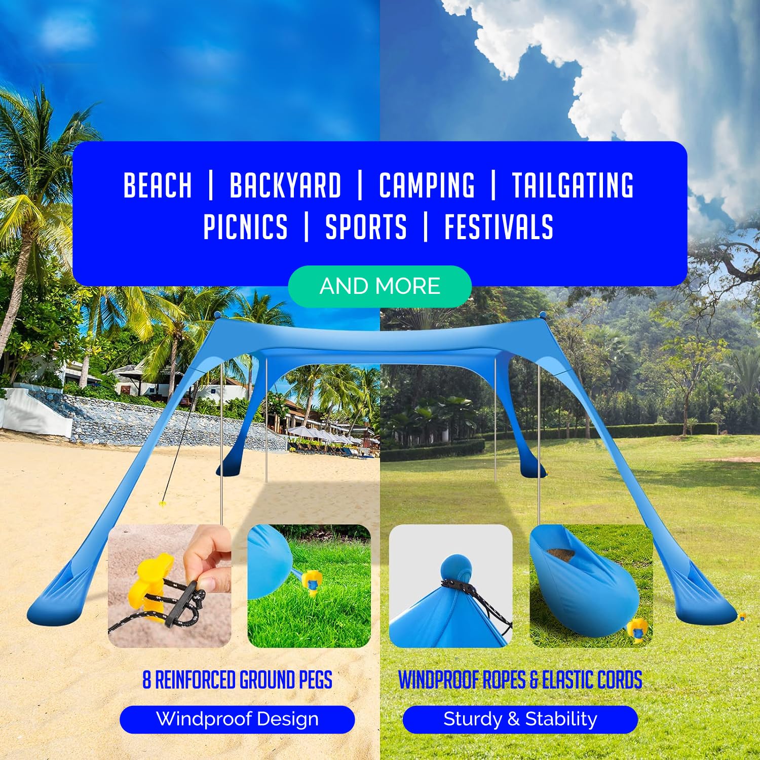 UPF50+ Beach Tent Sun Shelter with Sand Shovel & Grass Pegs - Portable Sunshade for Family Beach Days, Camping, and Outdoor Adventures