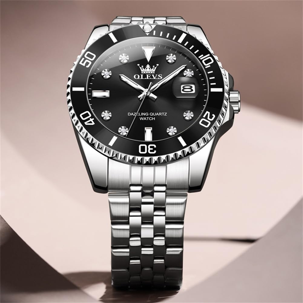 Premium OLEVS Men's Stainless Steel Business Watch - Diamond Accent Large Dial, Date Display & Waterproof - Ideal for Office Wear, Formal Events & Daily Use
